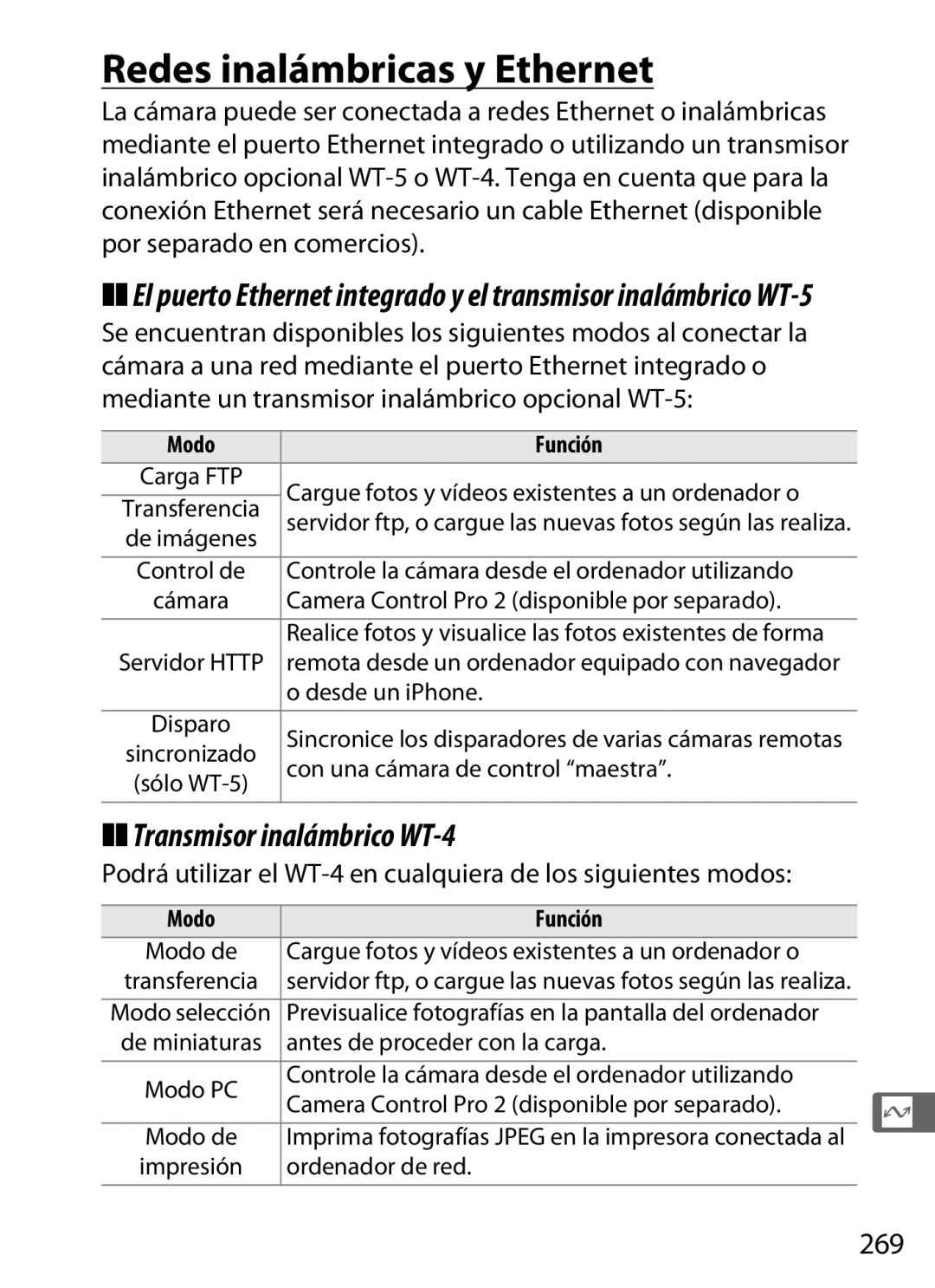 Nikon SB1L01 manual Redes inalámbricas y Ethernet, Transmisor inalámbrico WT-4, 269, Modo Función 