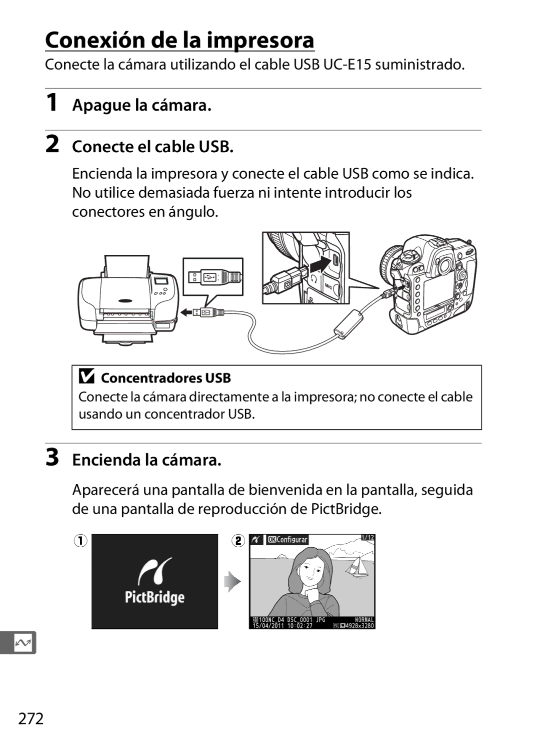 Nikon SB1L01 manual Conexión de la impresora, Apague la cámara Conecte el cable USB, 272 