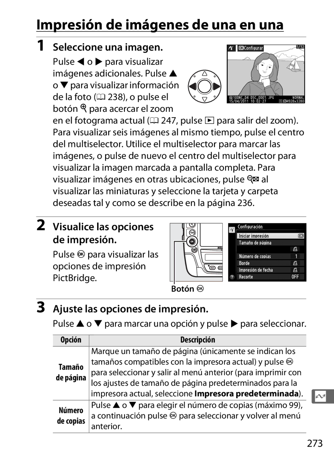 Nikon SB1L01 manual Impresión de imágenes de una en una, Ajuste las opciones de impresión, 273 