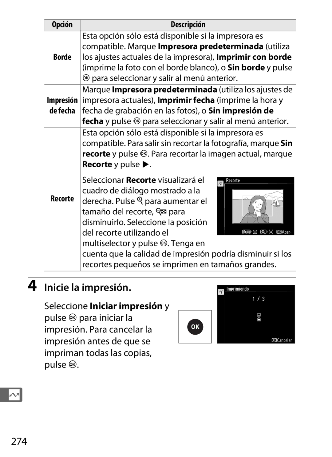 Nikon SB1L01 manual Inicie la impresión, 274, Recorte y pulse 