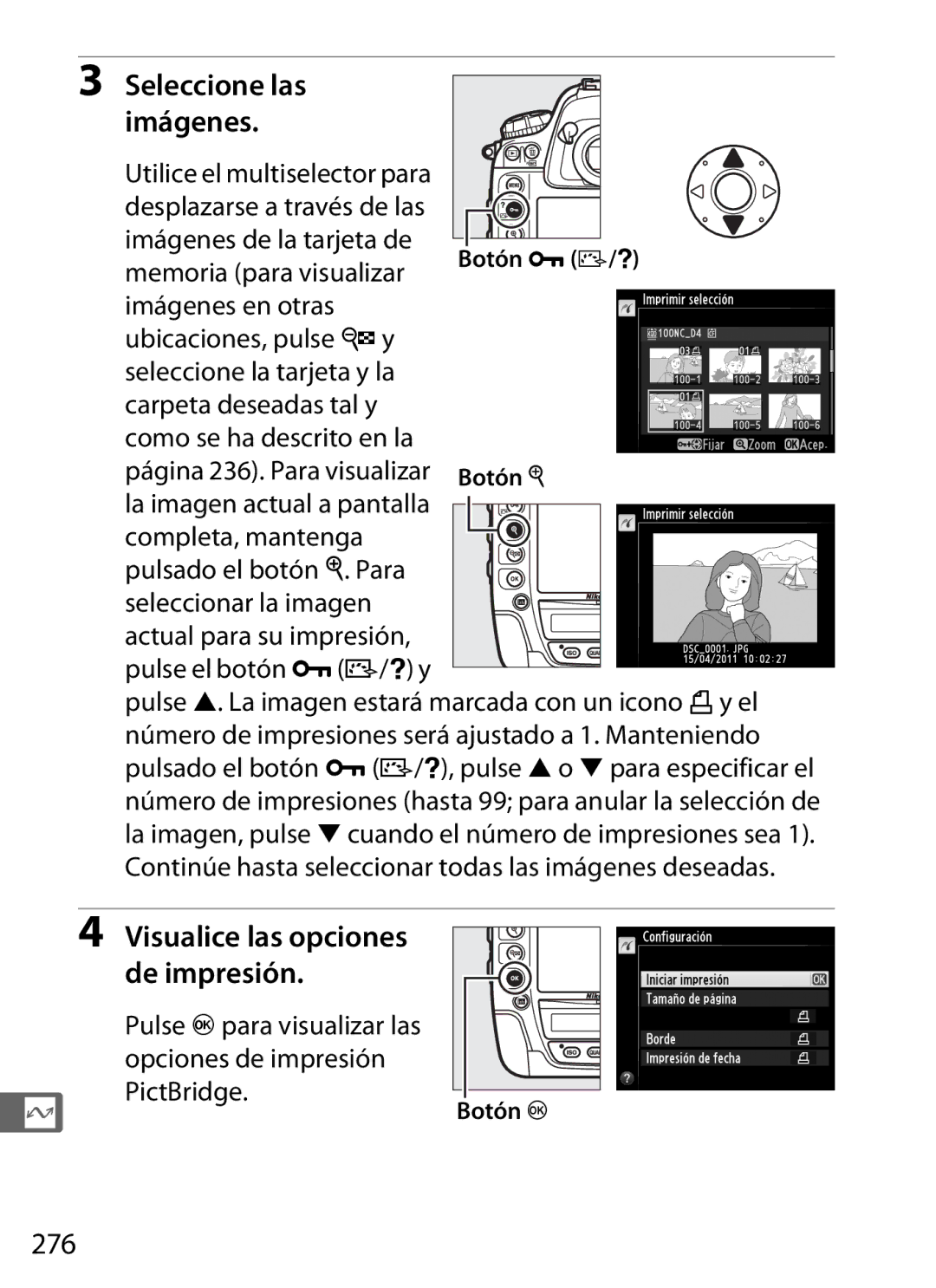 Nikon SB1L01 manual Seleccione las Imágenes, De impresión, 276 