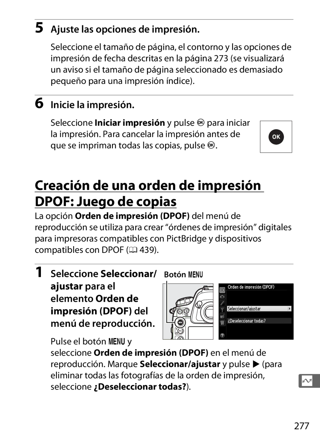 Nikon SB1L01 manual Creación de una orden de impresión Dpof Juego de copias, Seleccione Seleccionar/ Botón G, 277 