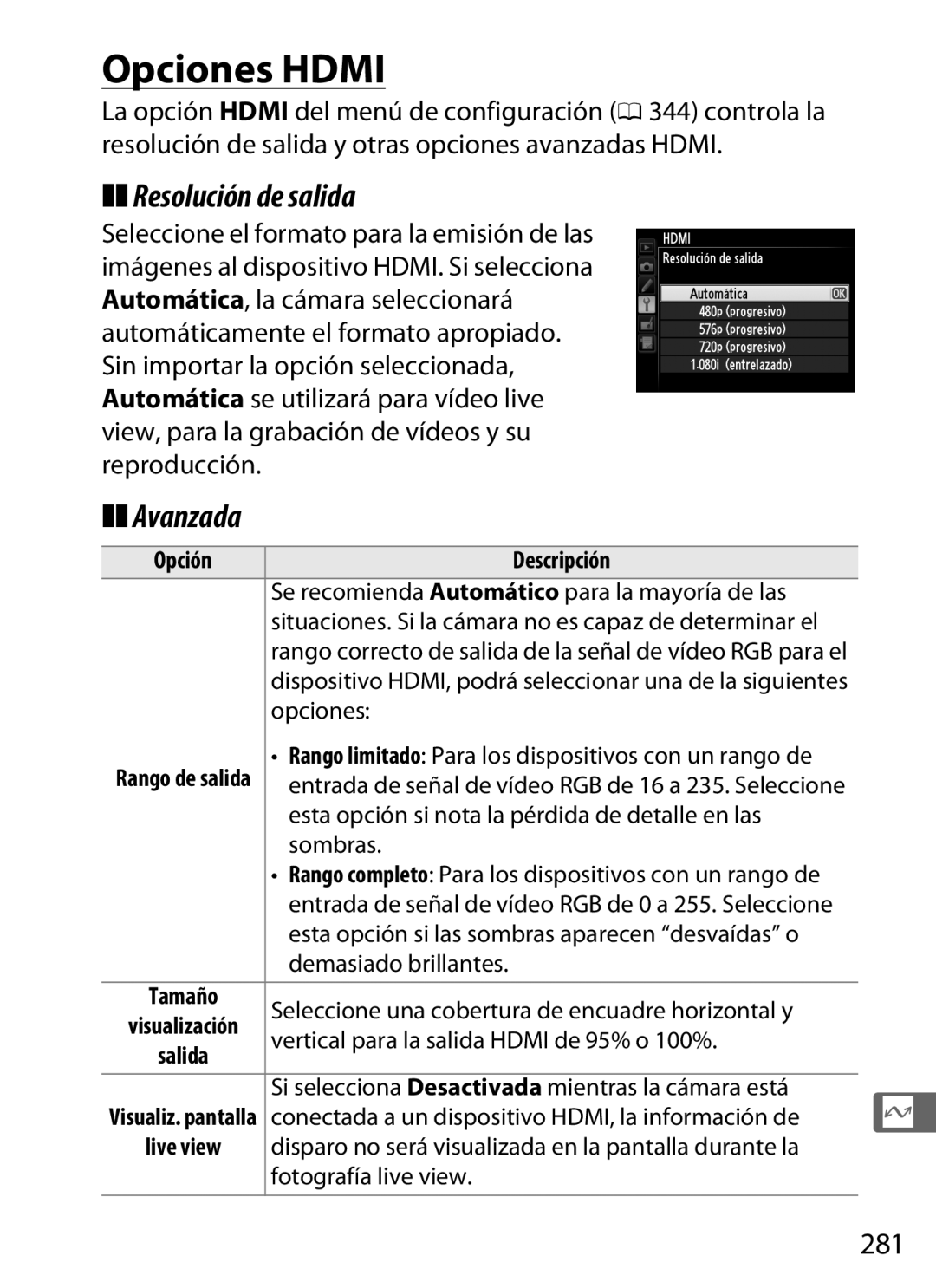 Nikon SB1L01 manual Opciones Hdmi, Resolución de salida, Avanzada, 281 