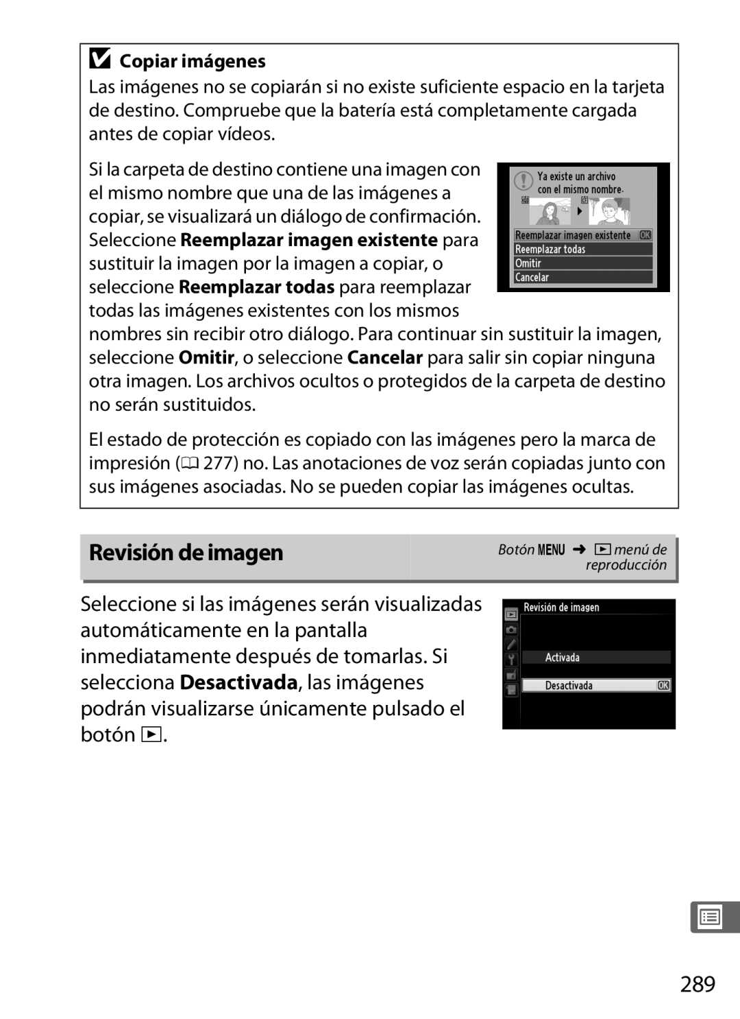 Nikon SB1L01 manual Revisión de imagen, 289, Copiar imágenes 