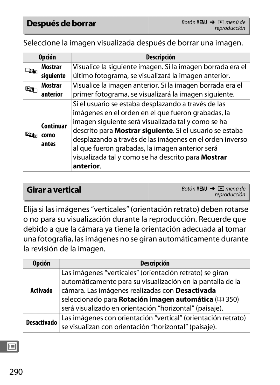 Nikon SB1L01 manual Después de borrar, Girar a vertical, 290 