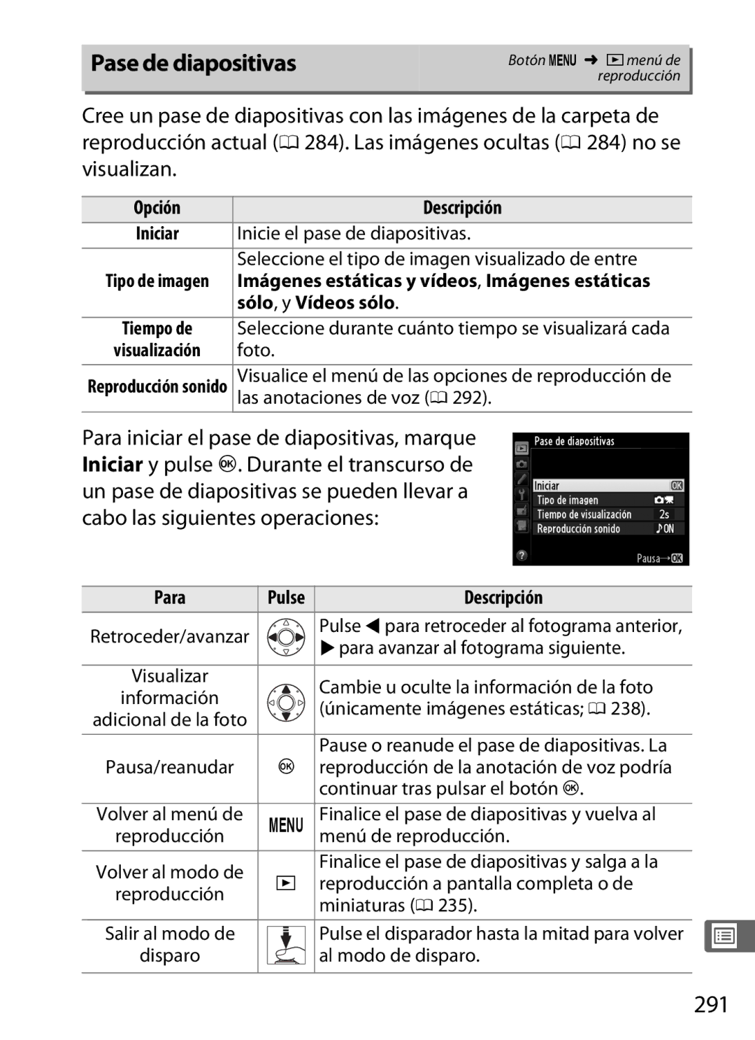 Nikon SB1L01 manual Pase de diapositivas, 291, Sólo, y Vídeos sólo 