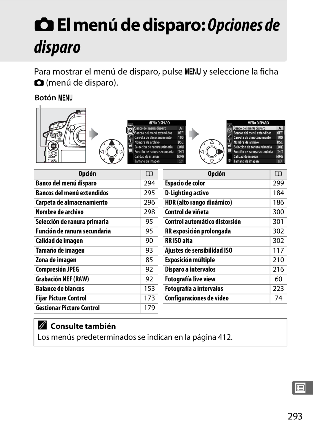 Nikon SB1L01 manual El menú de disparo Opciones de disparo, 293 