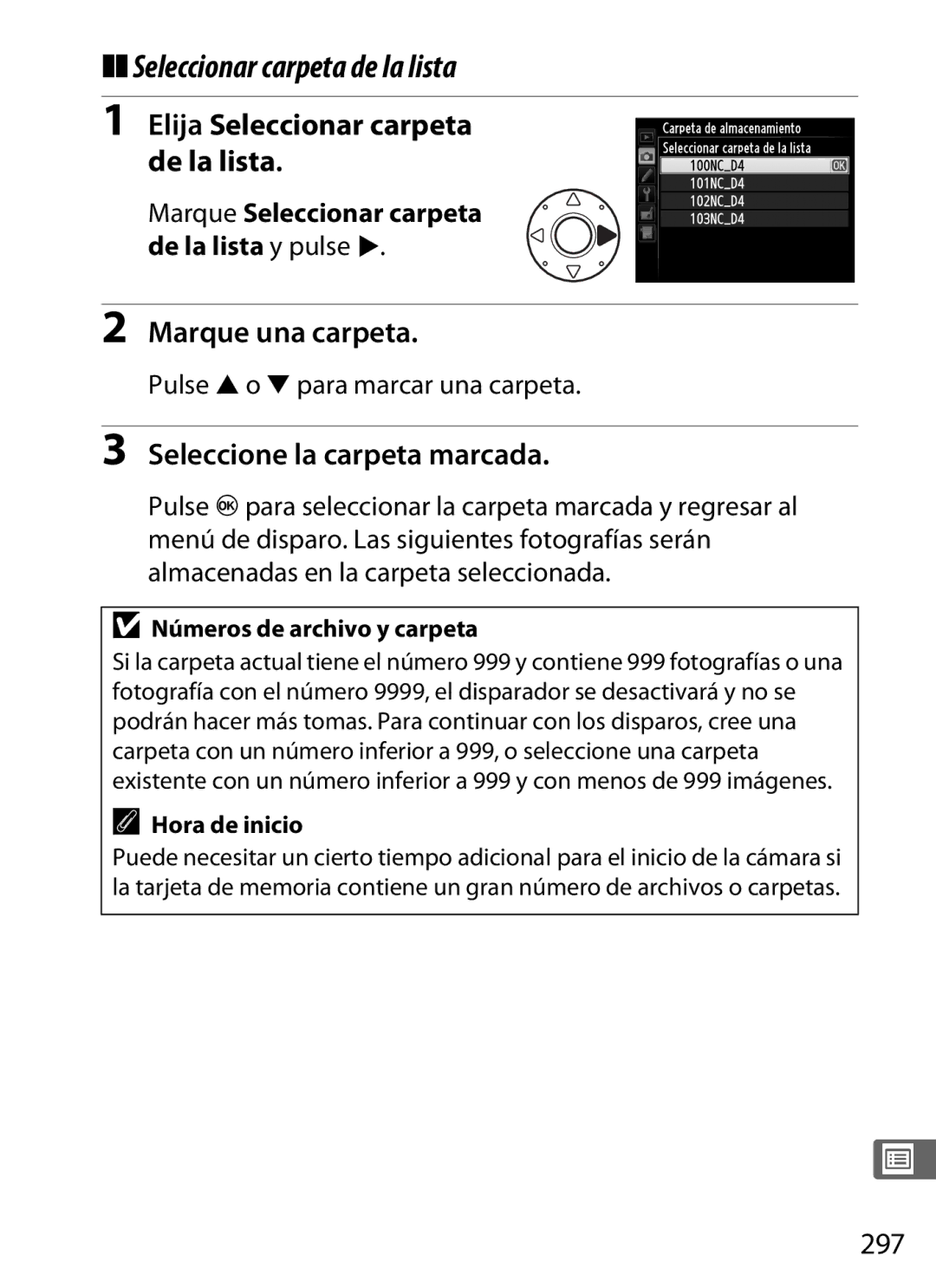 Nikon SB1L01 manual Elija Seleccionar carpeta de la lista, Marque una carpeta, Seleccione la carpeta marcada, 297 