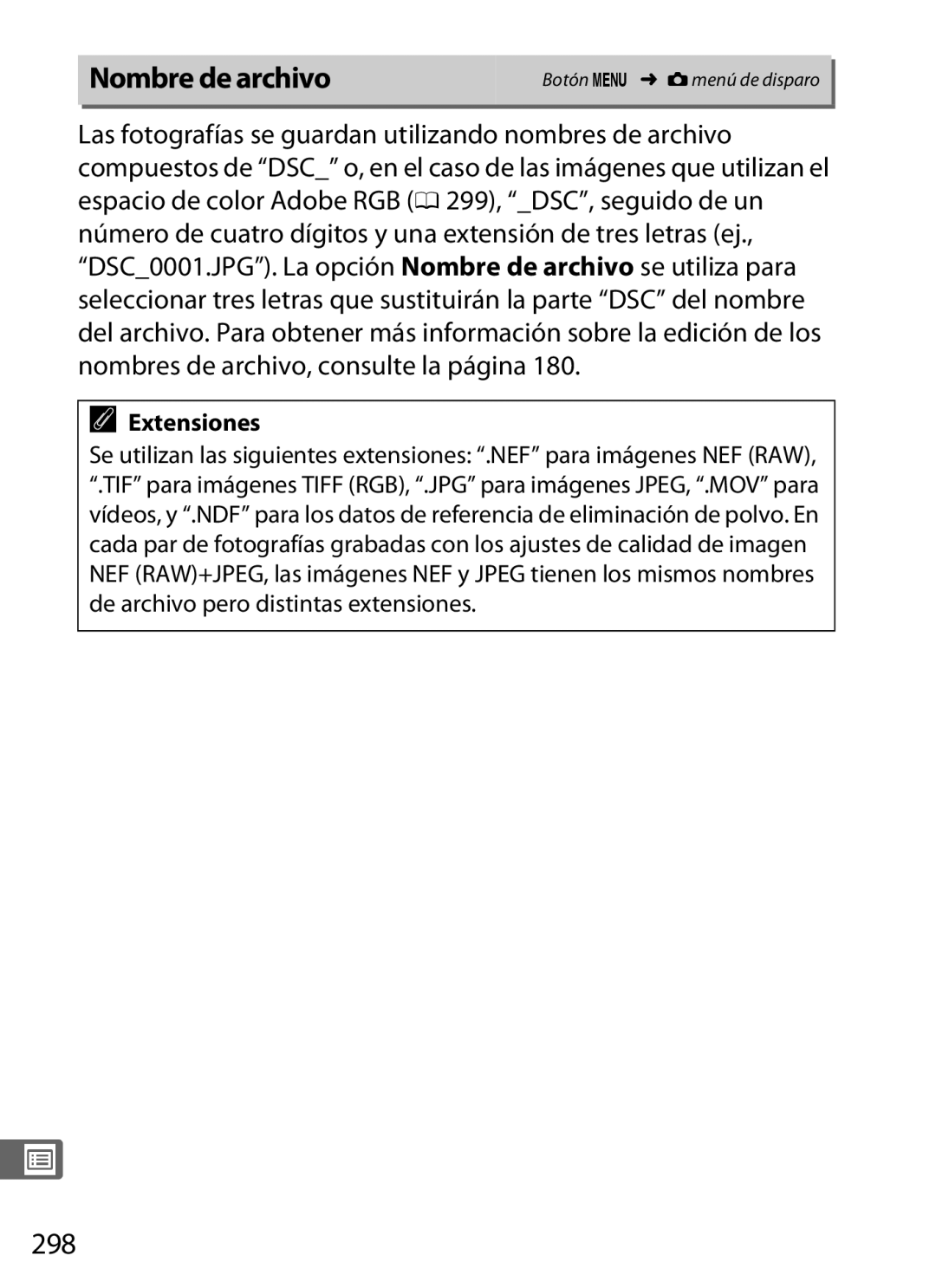 Nikon SB1L01 manual Nombre de archivo, 298, Extensiones 