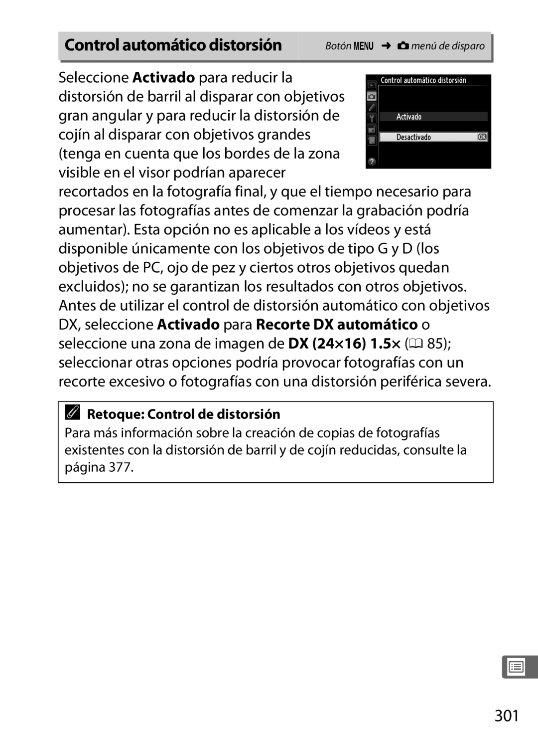 Nikon SB1L01 manual Control automático distorsión, 301, Retoque Control de distorsión 