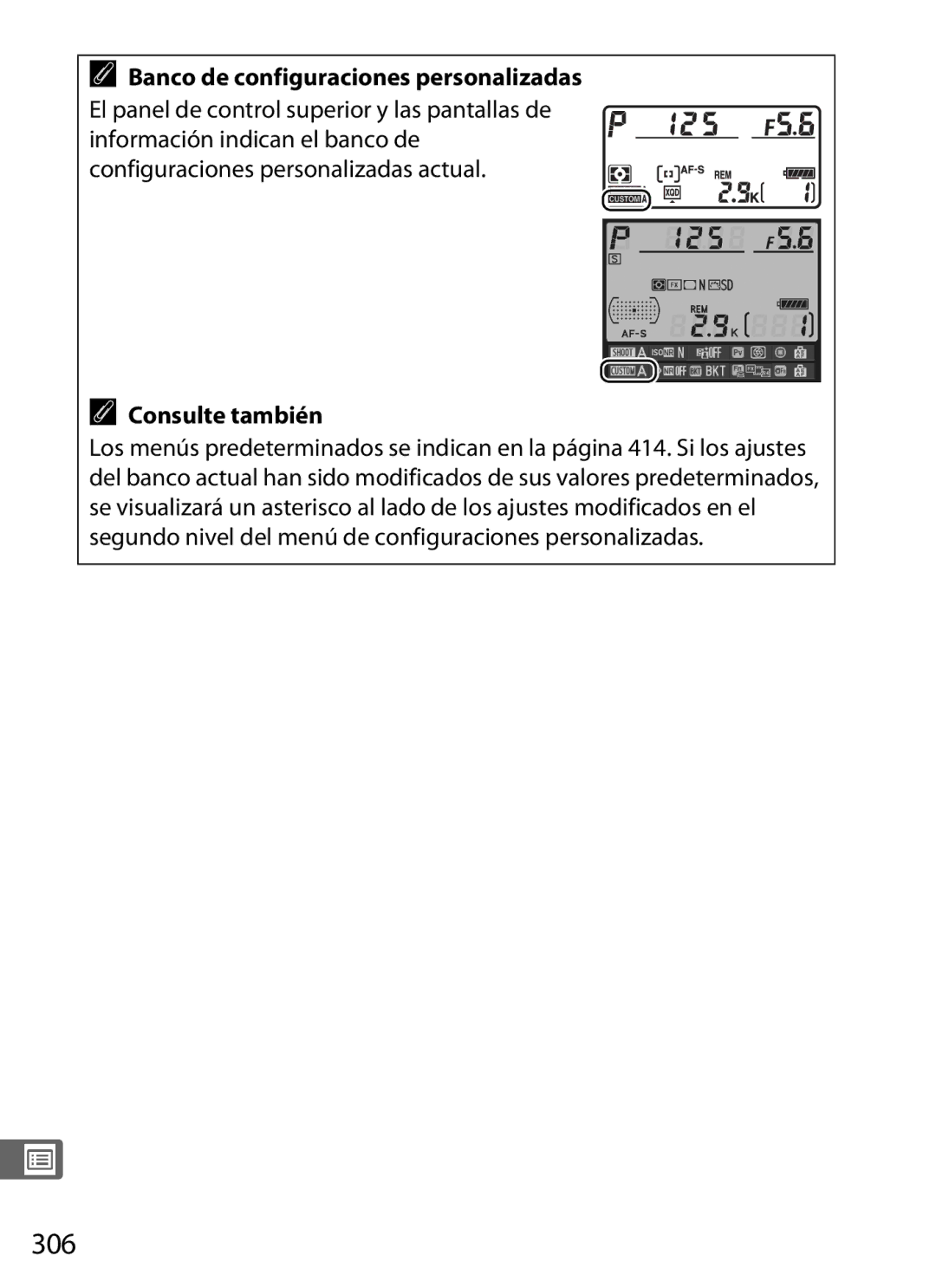 Nikon SB1L01 manual 306, Banco de configuraciones personalizadas 