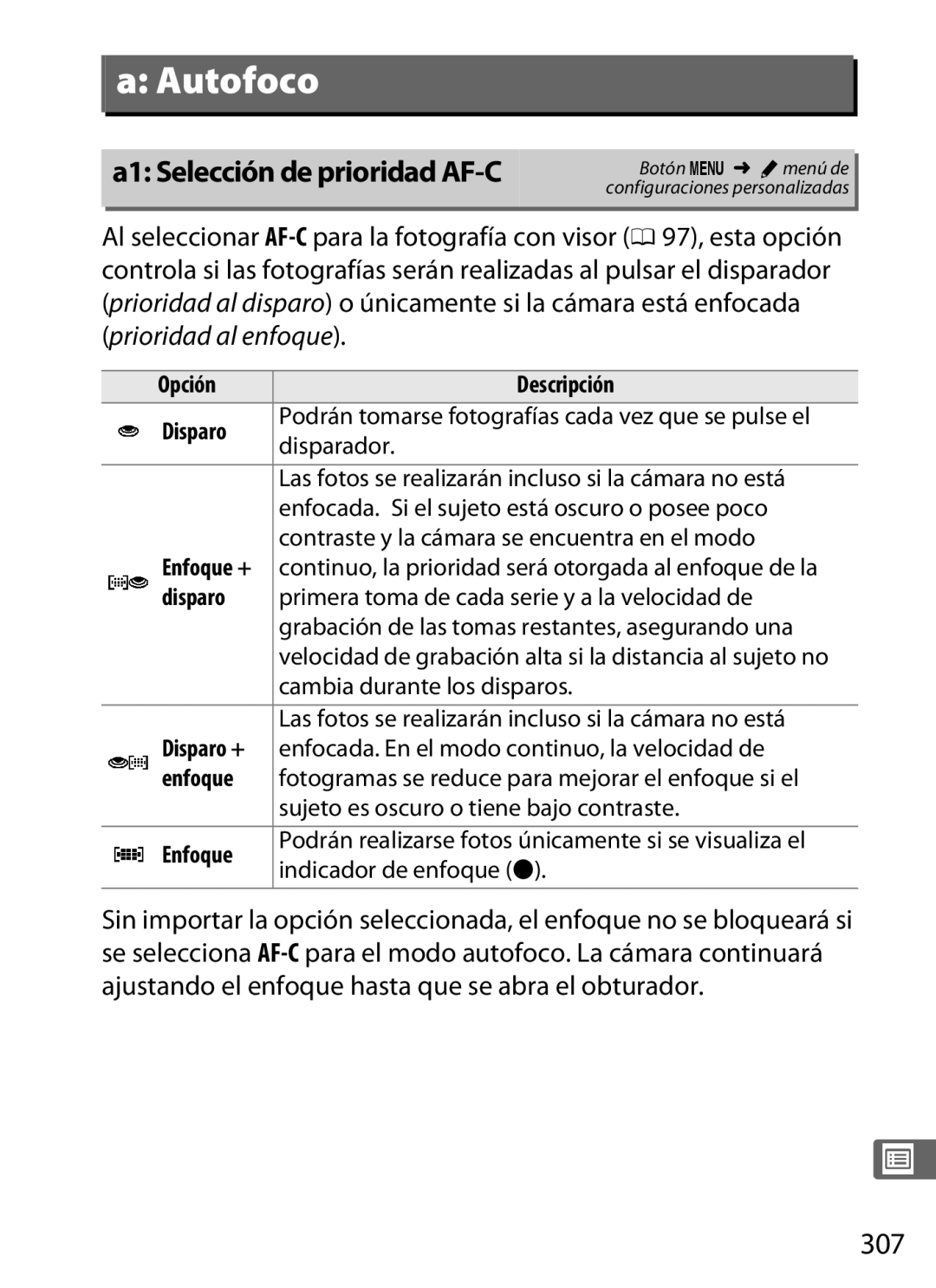 Nikon SB1L01 manual A1 Selección de prioridad AF-C, 307, Opción Descripción Disparo 