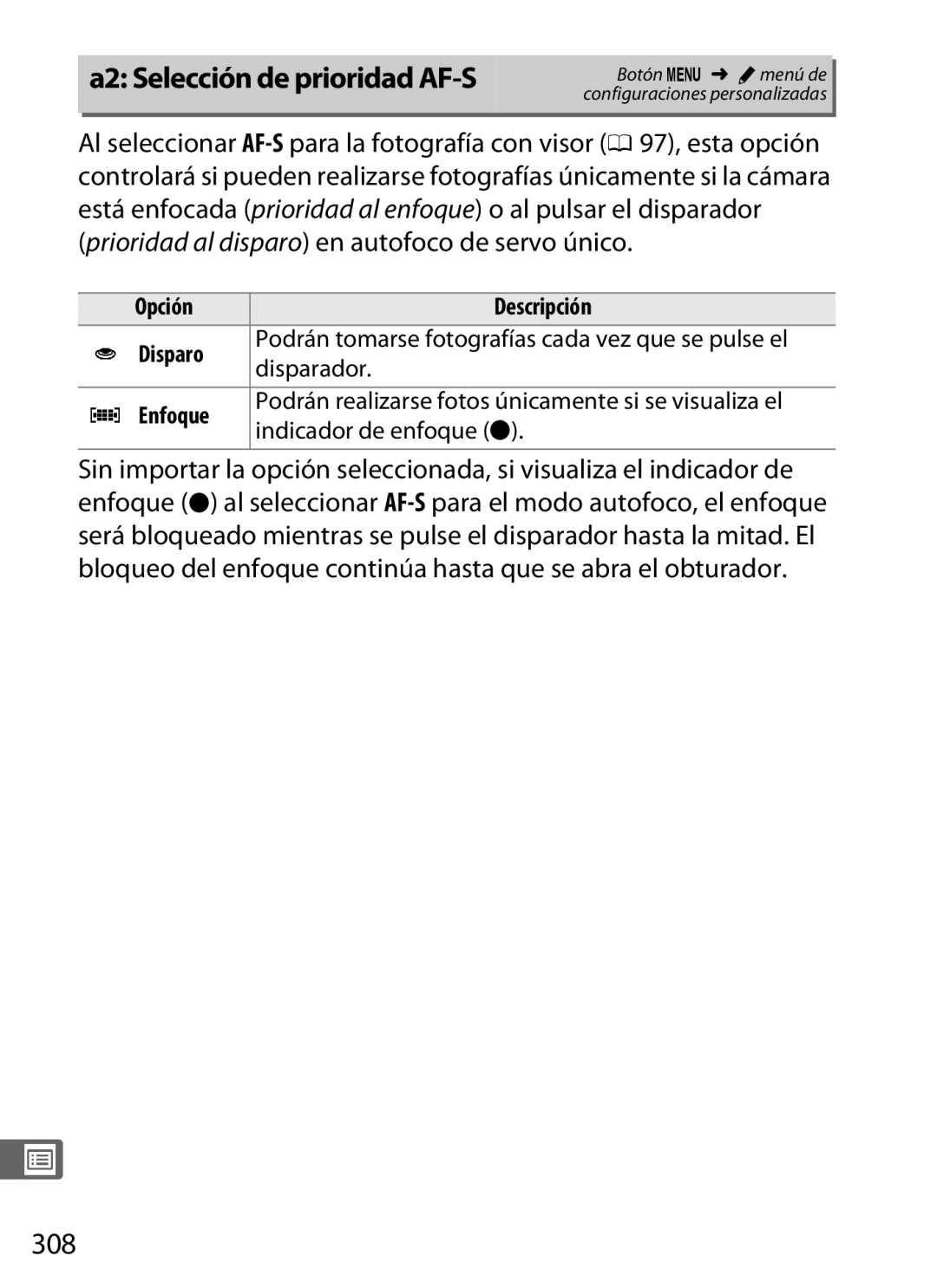 Nikon SB1L01 manual A2 Selección de prioridad AF-S, 308, Indicador de enfoque 