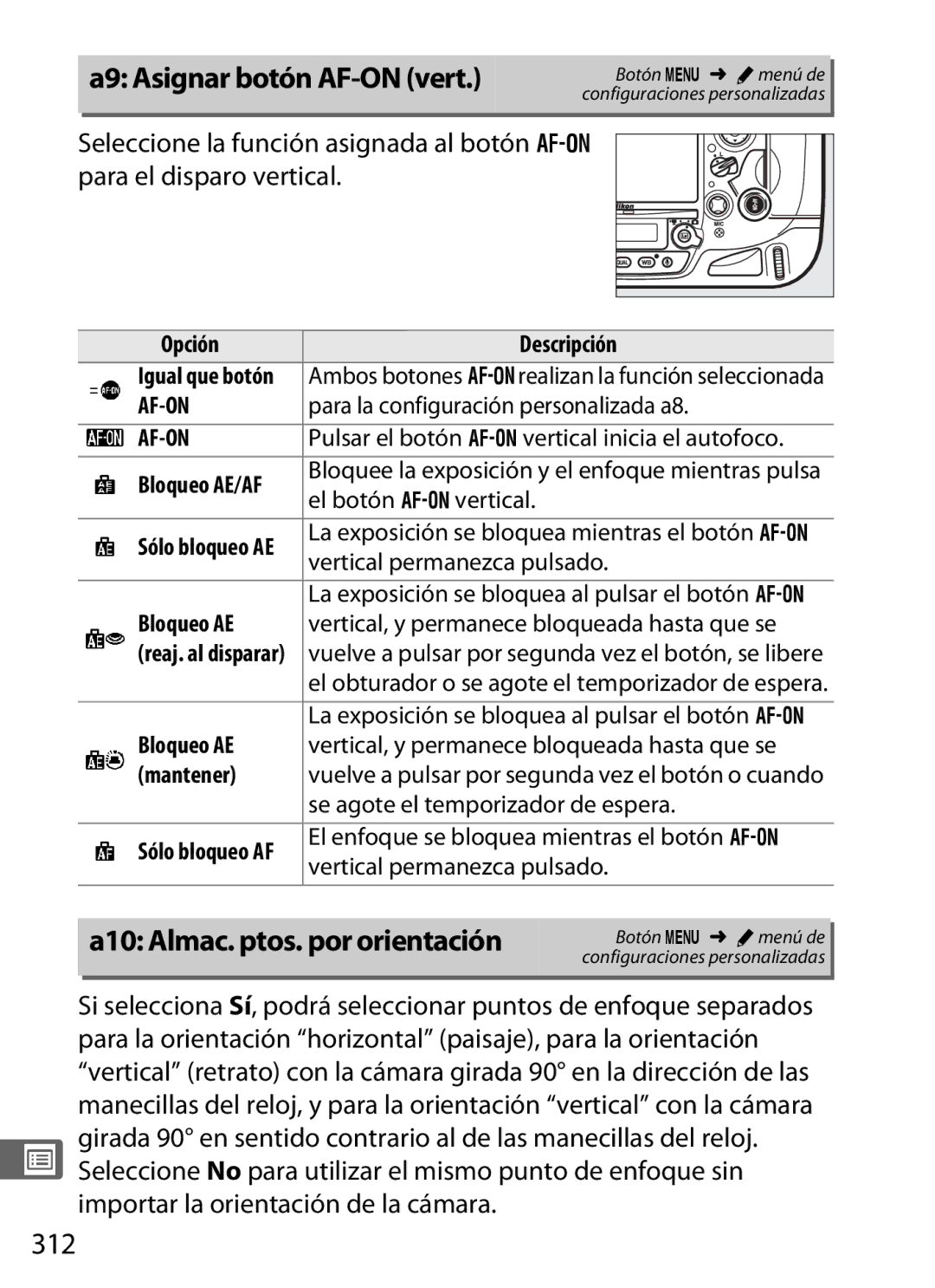 Nikon SB1L01 manual A9 Asignar botón AF-ON vert, A10 Almac. ptos. por orientación, 312, Bloqueo AE/AF 