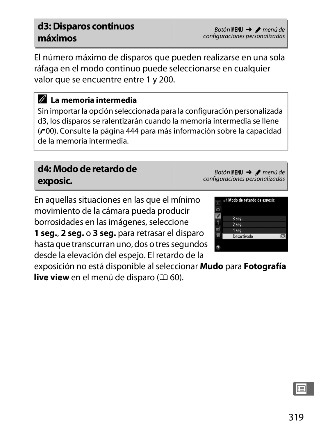 Nikon SB1L01 manual D3 Disparos continuos máximos, D4 Modo de retardo de exposic, 319 