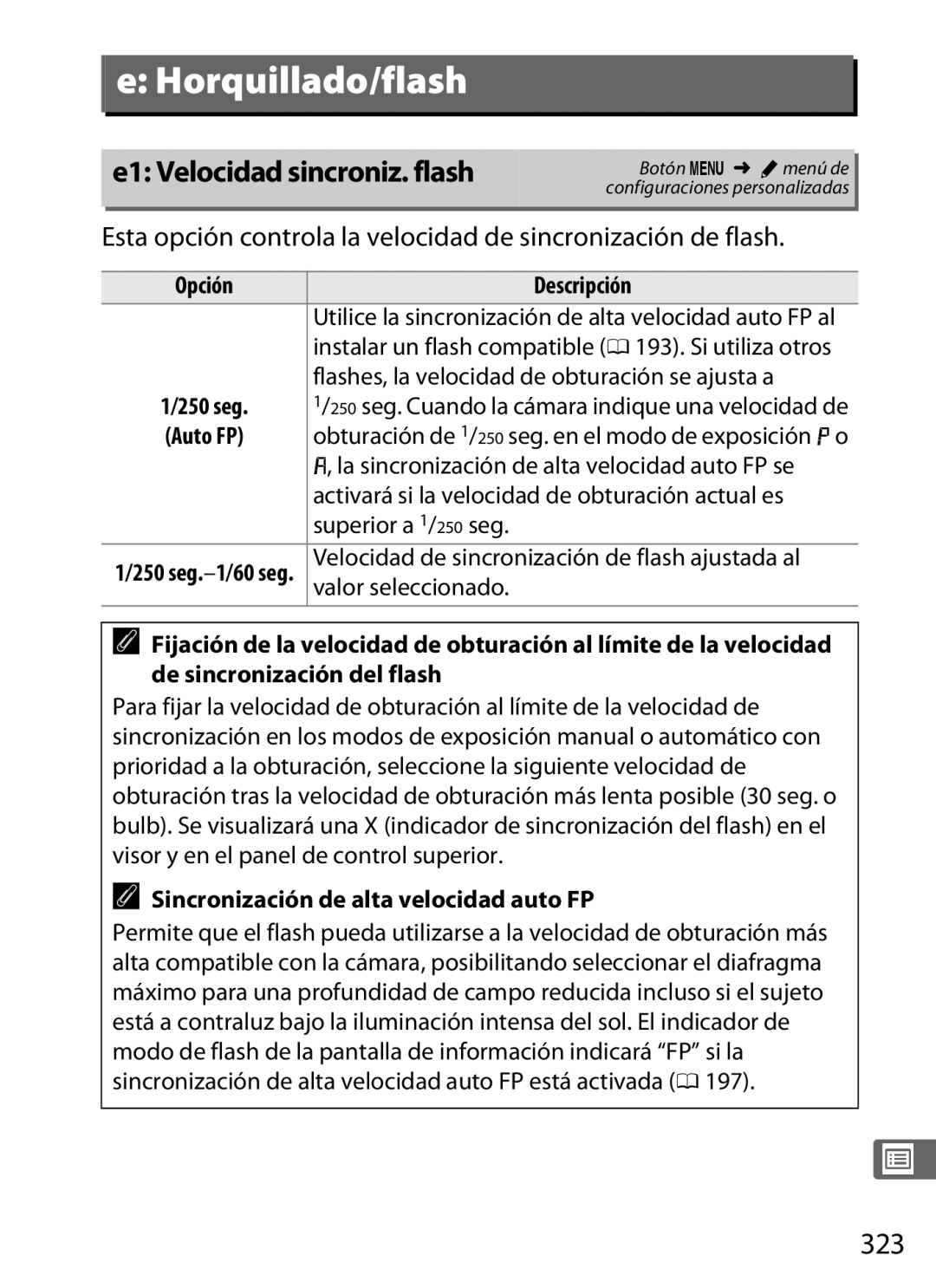 Nikon SB1L01 manual E1 Velocidad sincroniz. flash, 323, Sincronización de alta velocidad auto FP 