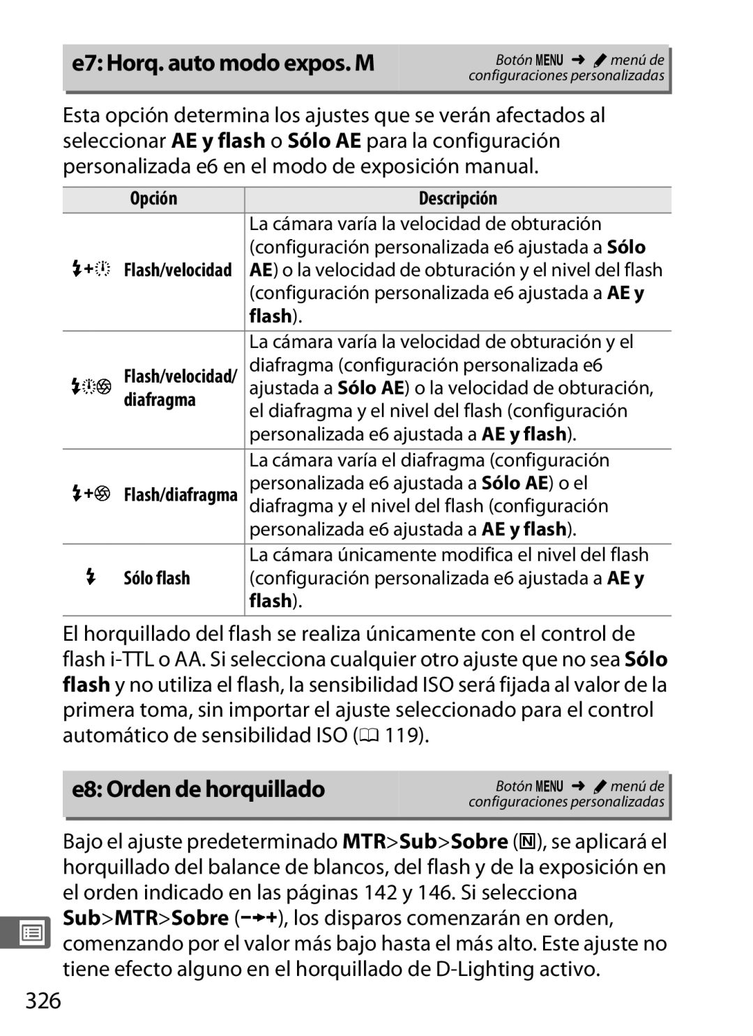 Nikon SB1L01 manual E7 Horq. auto modo expos. M, E8 Orden de horquillado, 326 