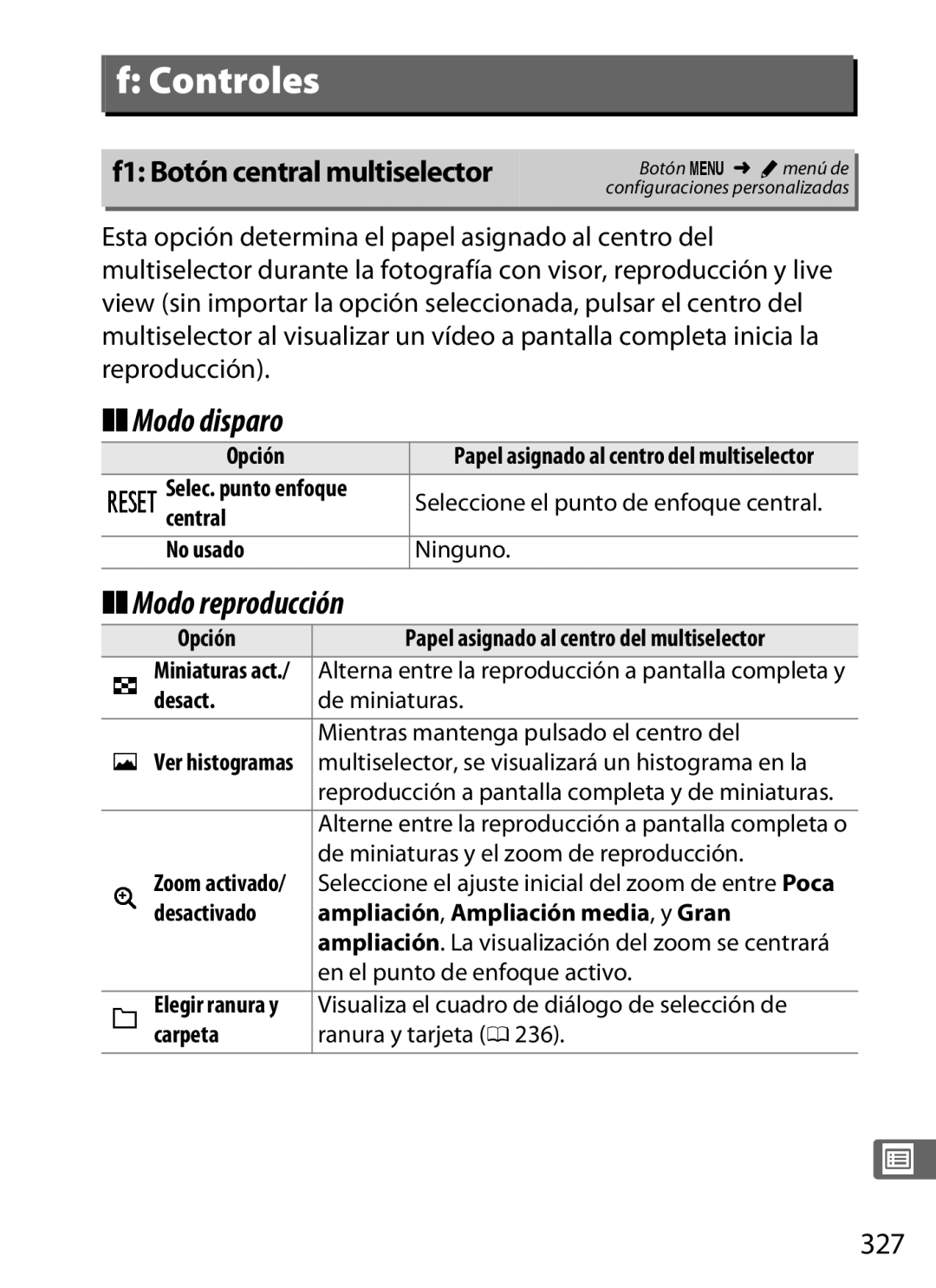 Nikon SB1L01 manual Modo disparo, Modo reproducción, F1 Botón central multiselector, 327, No usado Ninguno 