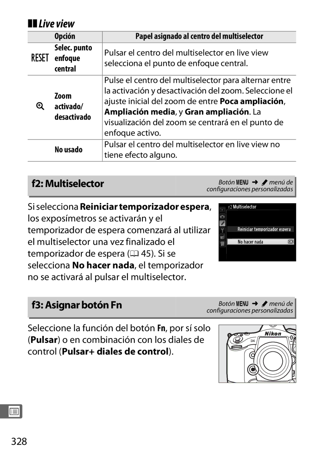 Nikon SB1L01 manual Live view, F2 Multiselector, F3 Asignar botón Fn, 328 