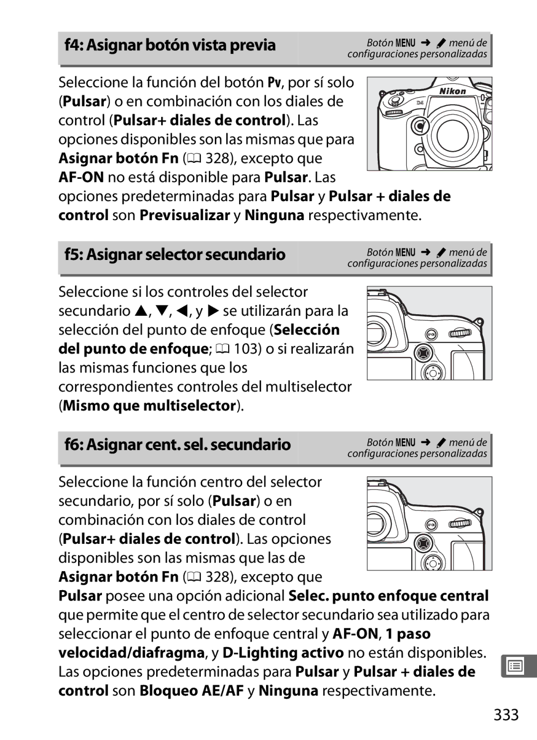 Nikon SB1L01 manual F4 Asignar botón vista previa, F5 Asignar selector secundario, F6 Asignar cent. sel. secundario, 333 