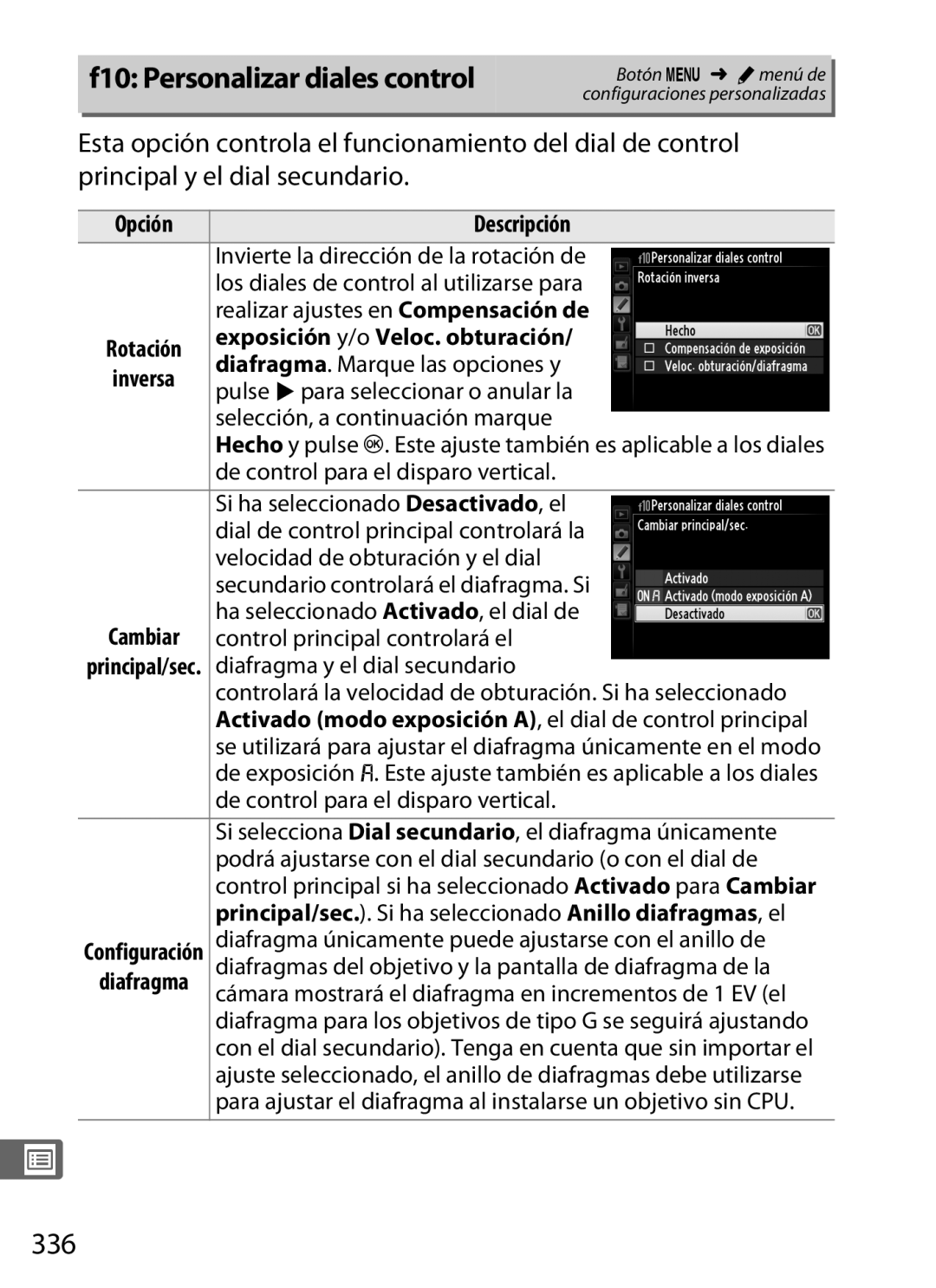 Nikon SB1L01 manual F10 Personalizar diales control, 336, Exposición y/o Veloc. obturación 