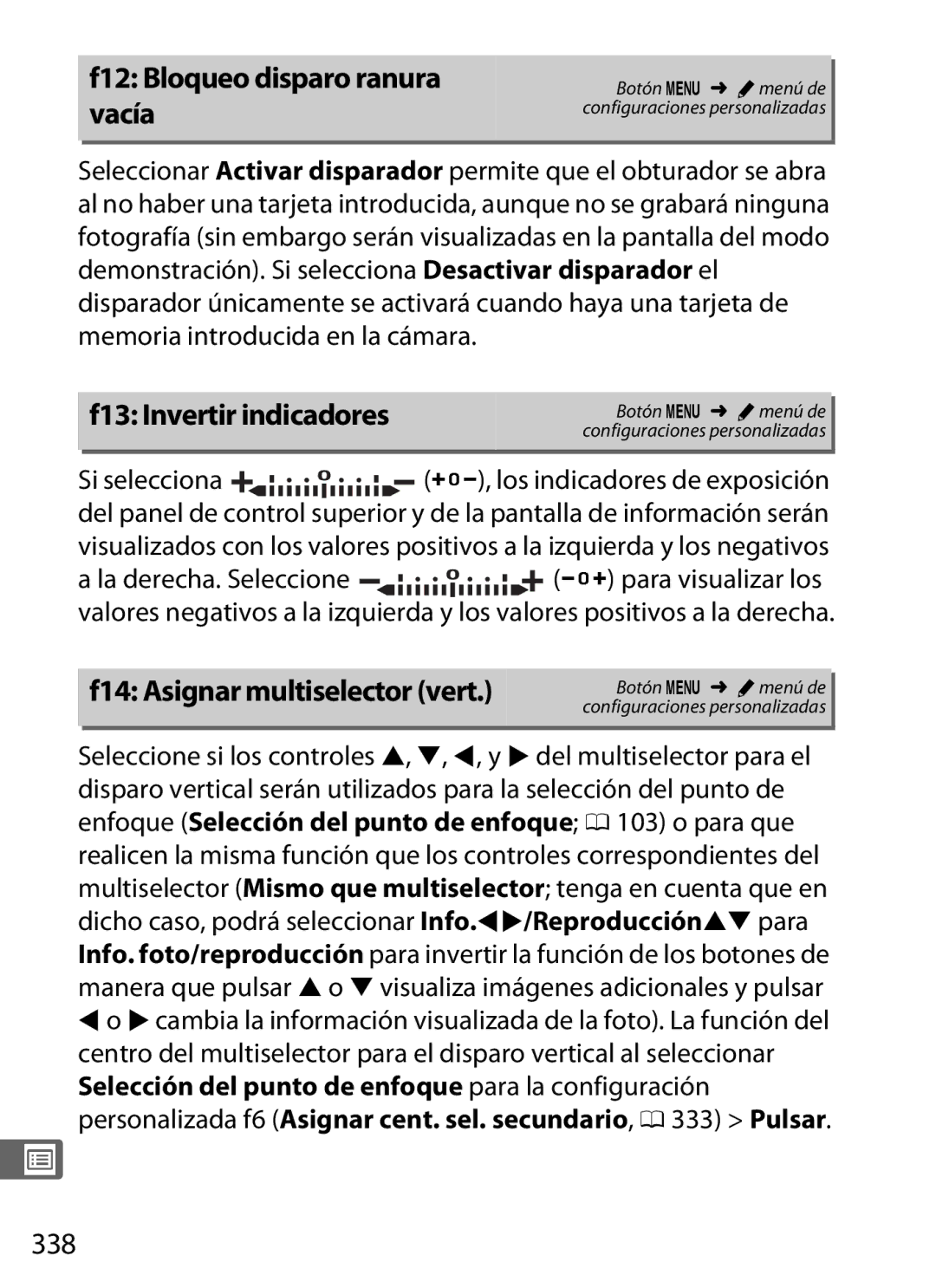 Nikon SB1L01 manual F12 Bloqueo disparo ranura vacía, F13 Invertir indicadores, F14 Asignar multiselector vert, 338 