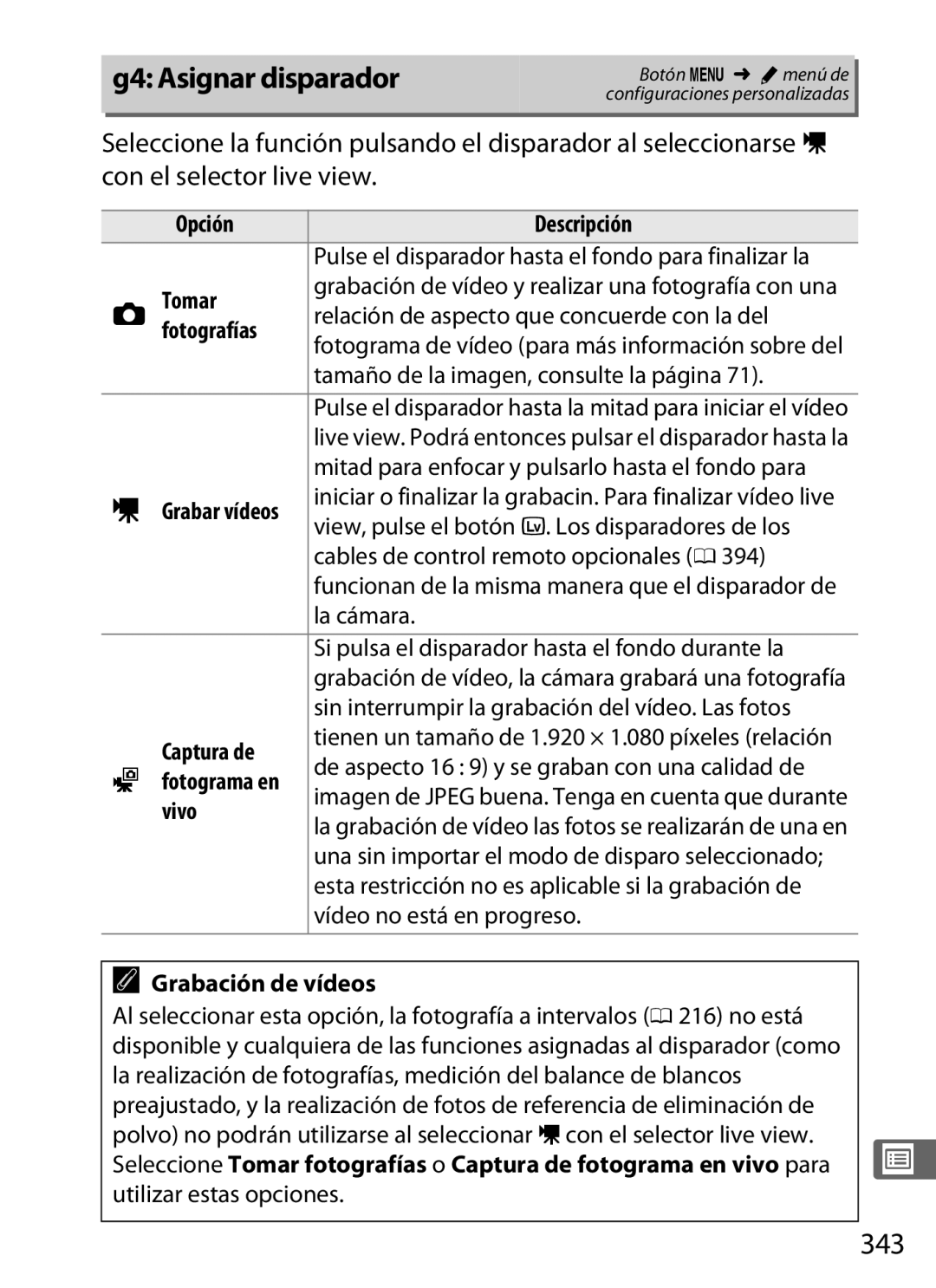 Nikon SB1L01 manual 343, Grabar vídeos, Captura de, Fotograma en, Vivo 