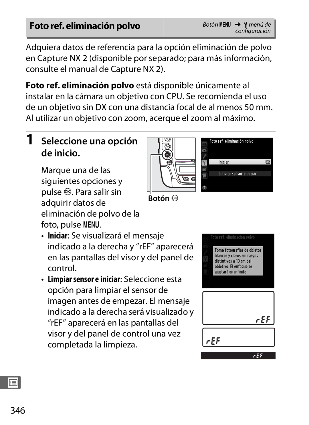 Nikon SB1L01 Foto ref. eliminación polvo, Seleccione una opción de inicio, 346, Limpiar sensor e iniciar Seleccione esta 