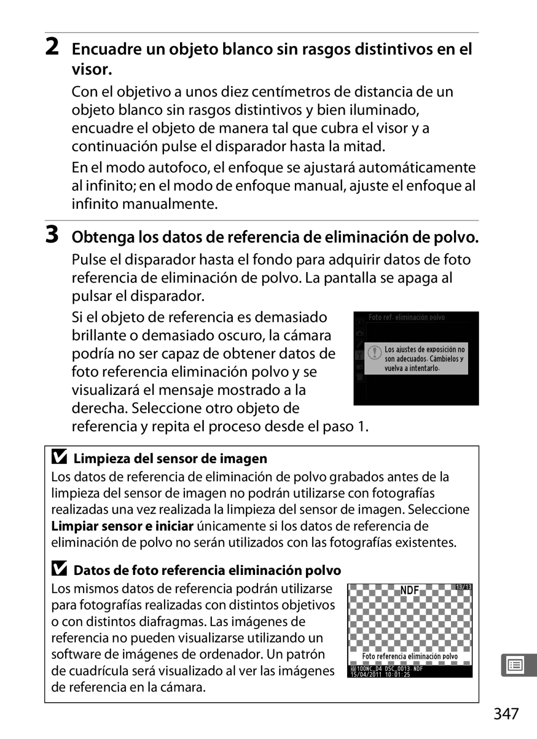 Nikon SB1L01 manual 347, Obtenga los datos de referencia de eliminación de polvo, Limpieza del sensor de imagen 