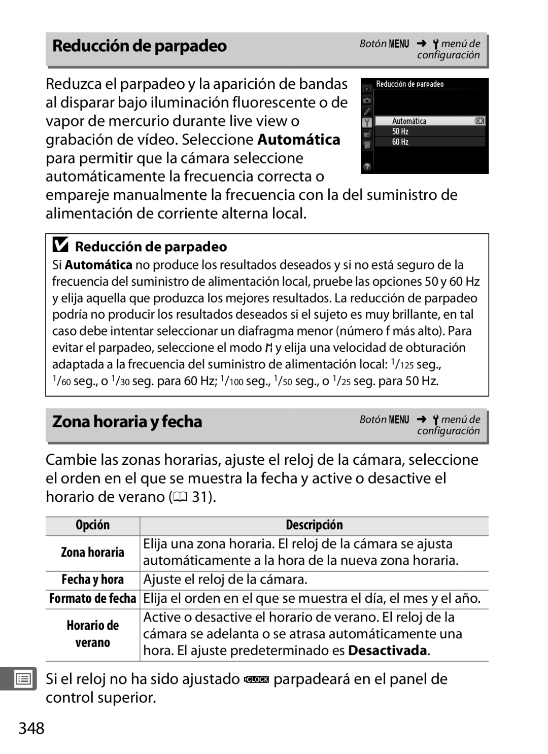 Nikon SB1L01 manual Reducción de parpadeo, Zona horaria y fecha, 348 