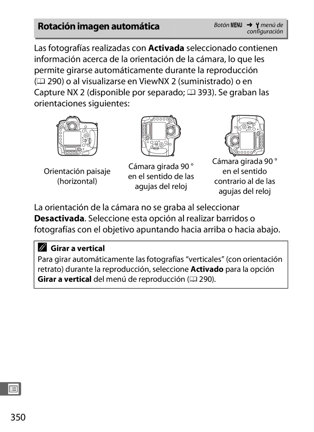 Nikon SB1L01 manual Rotación imagen automática, 350 