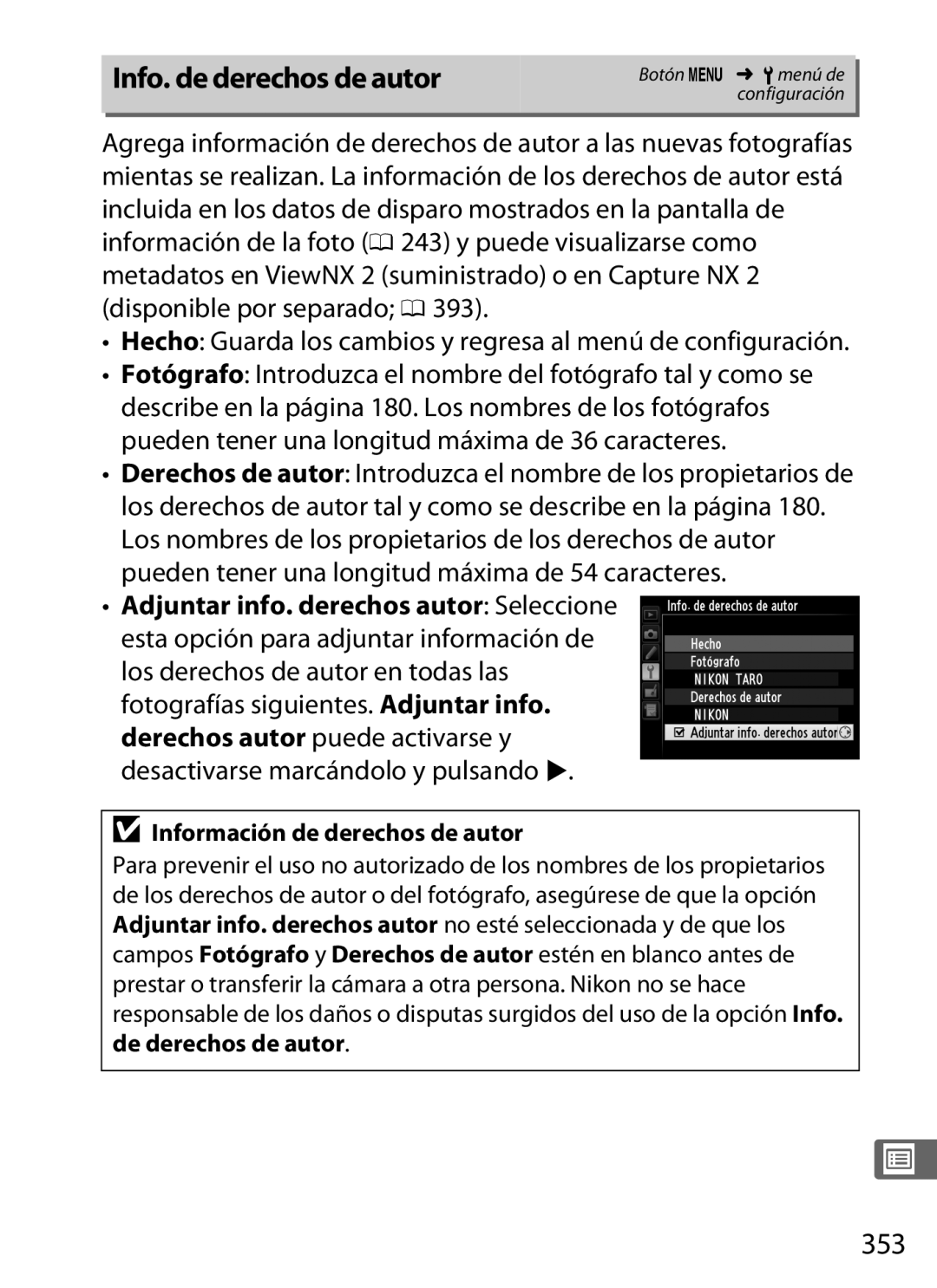 Nikon SB1L01 manual Info. de derechos de autor, 353, Información de derechos de autor 