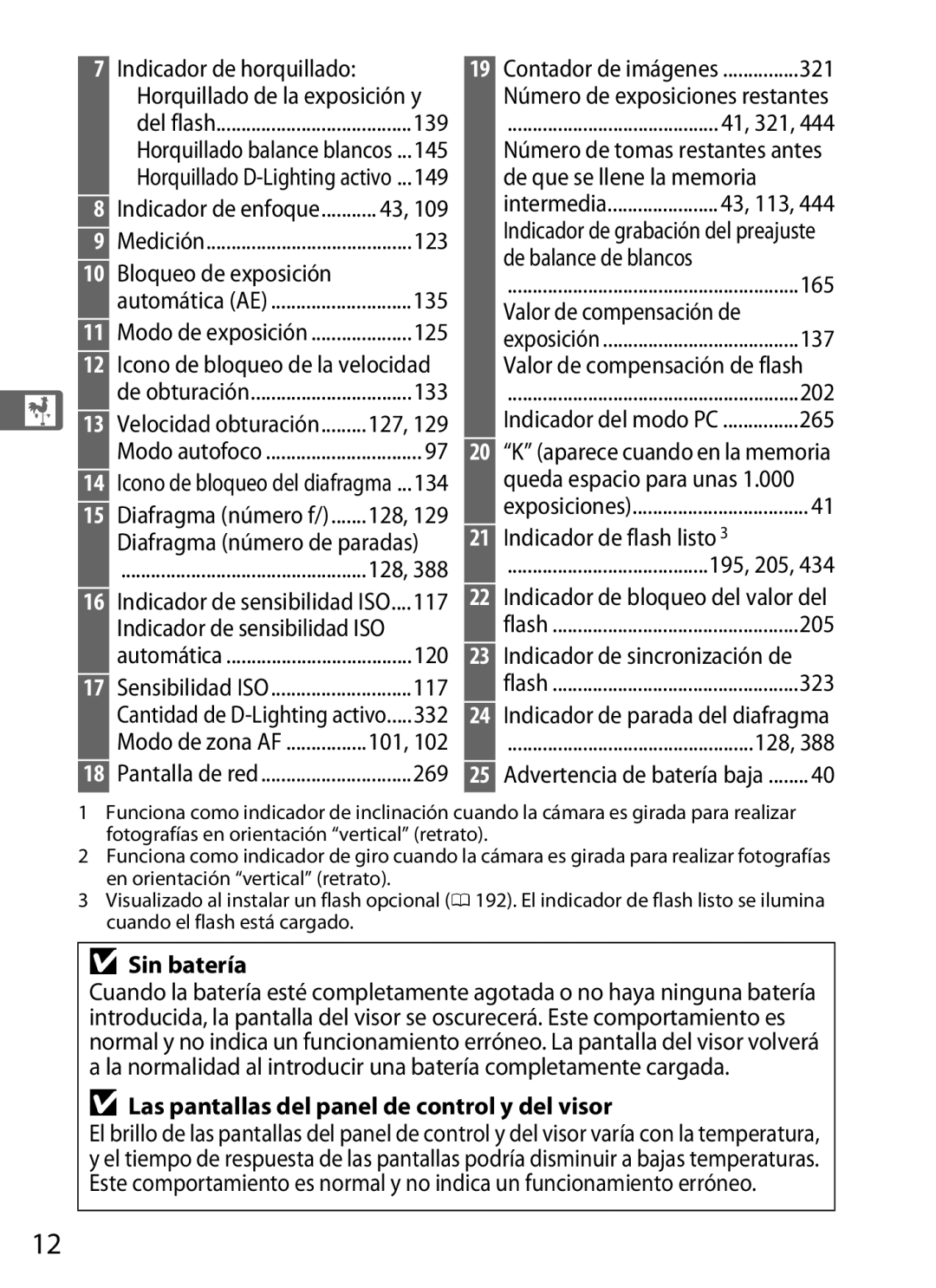 Nikon SB1L01 manual Sin batería, Las pantallas del panel de control y del visor 