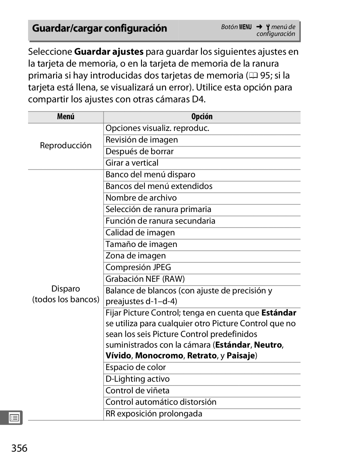 Nikon SB1L01 manual 356, Menú Opción, Vívido, Monocromo, Retrato, y Paisaje 