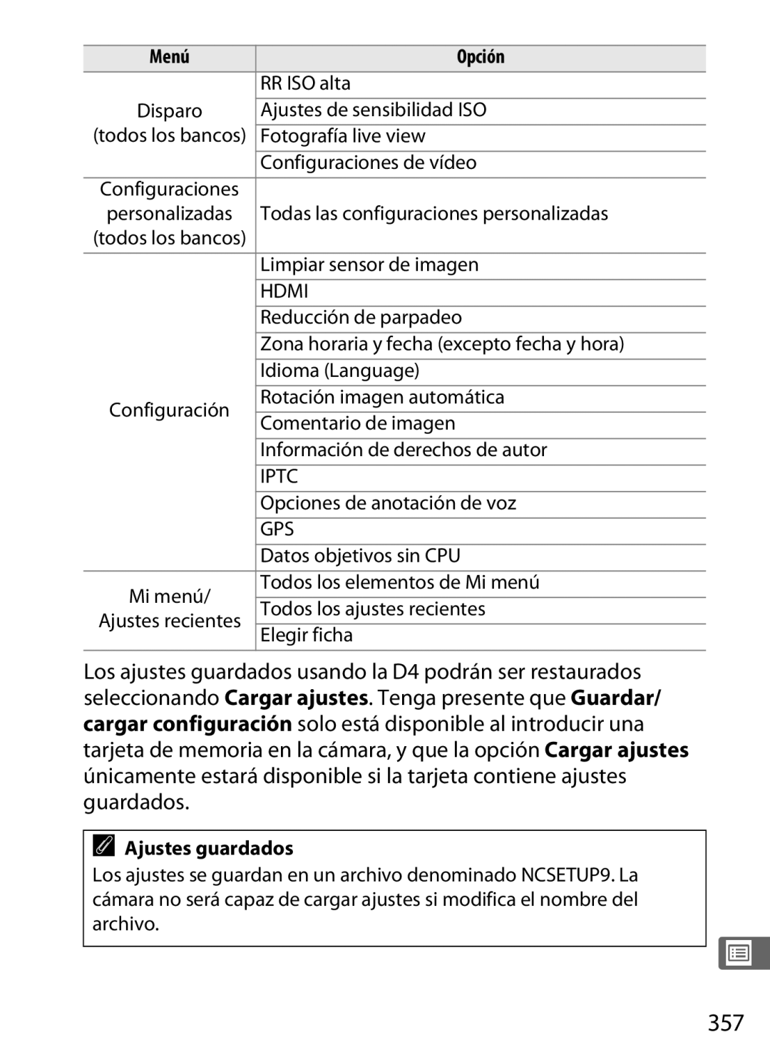 Nikon SB1L01 manual 357, Ajustes guardados 