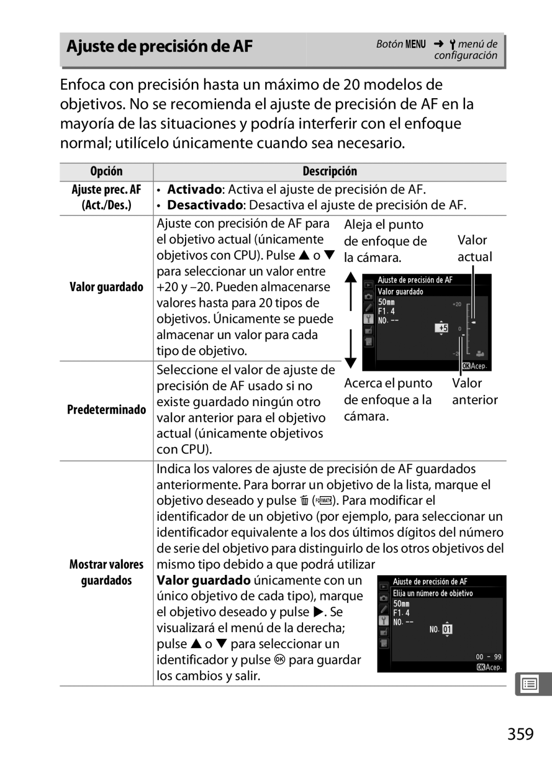 Nikon SB1L01 manual Ajuste de precisión de AF, 359, Activado Activa el ajuste de precisión de AF 