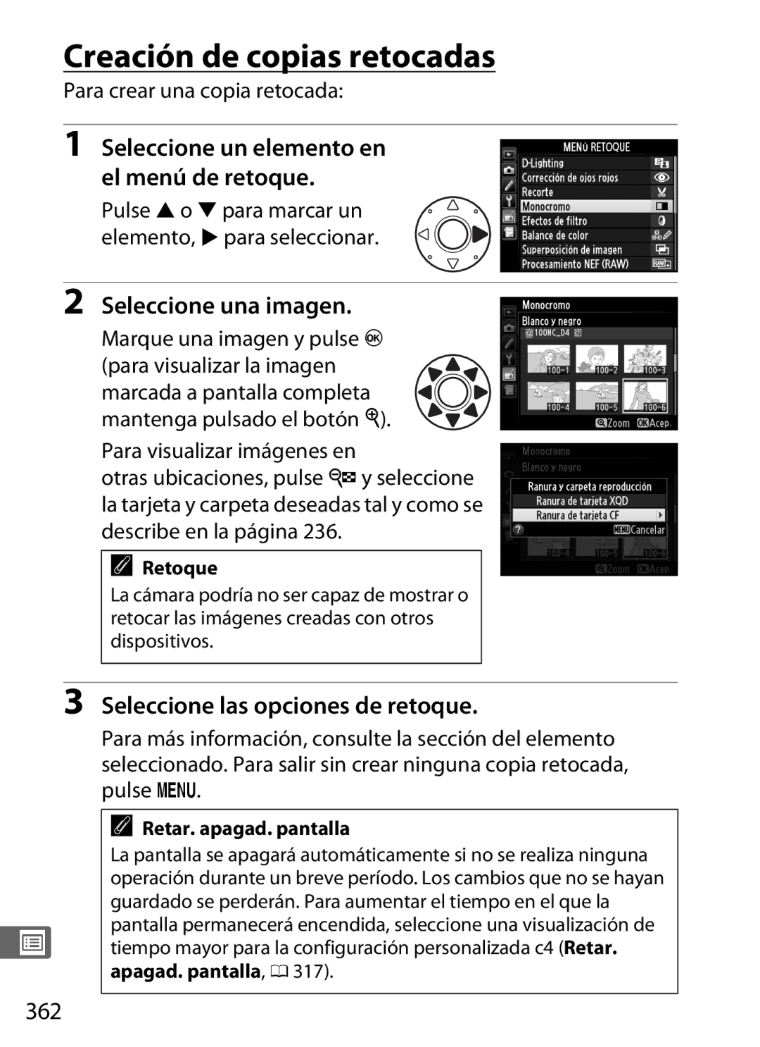 Nikon SB1L01 manual Creación de copias retocadas, Seleccione un elemento en el menú de retoque, 362 