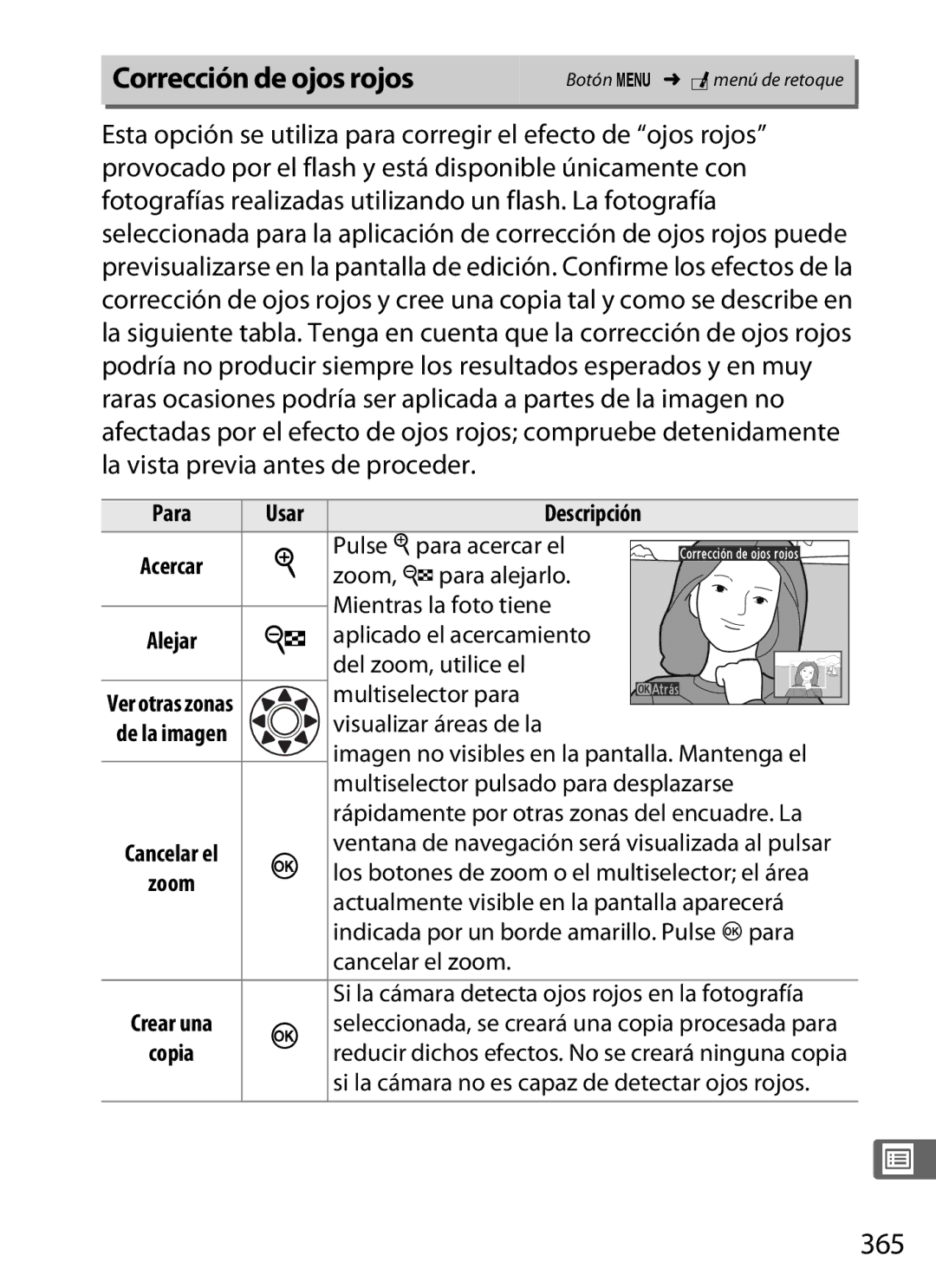 Nikon SB1L01 manual Corrección de ojos rojos, 365, Para Usar Descripción 