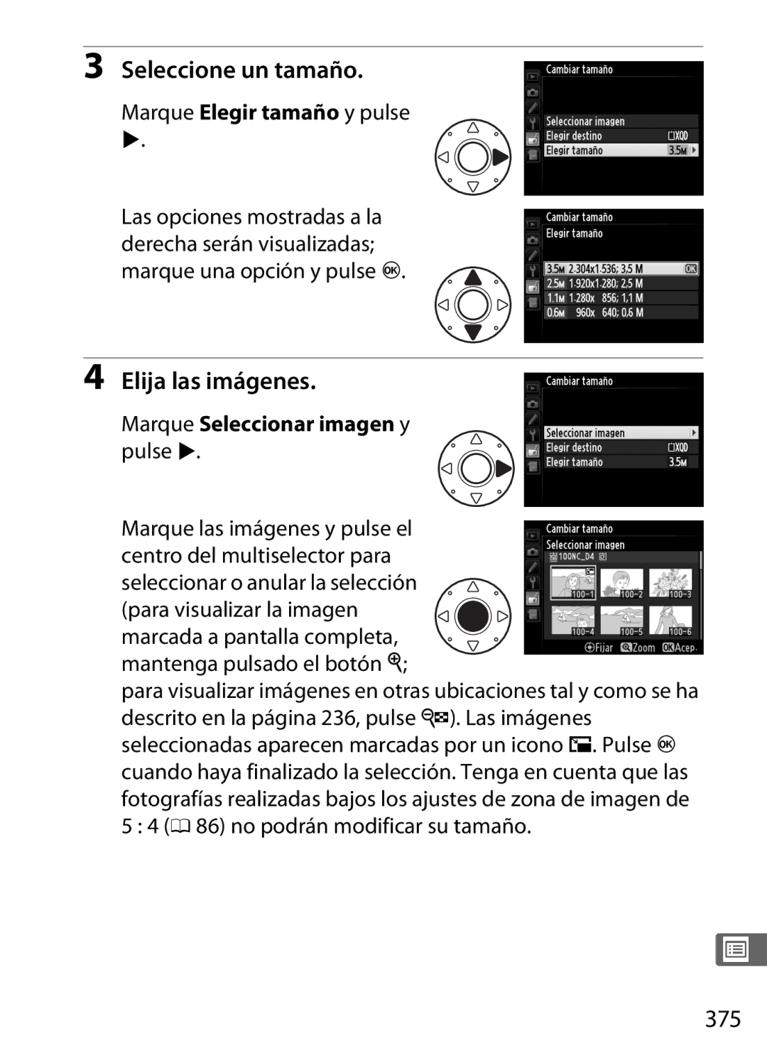 Nikon SB1L01 manual Seleccione un tamaño, Elija las imágenes, 375, Marque Elegir tamaño y pulse 