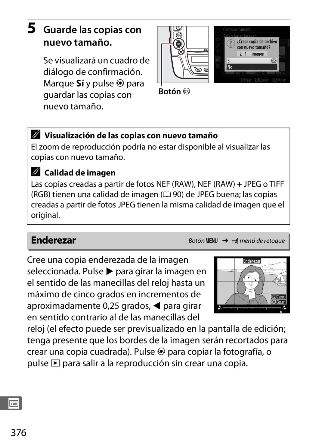 Nikon SB1L01 manual Guarde las copias con Nuevo tamaño, Enderezar, 376, Guardar las copias con 