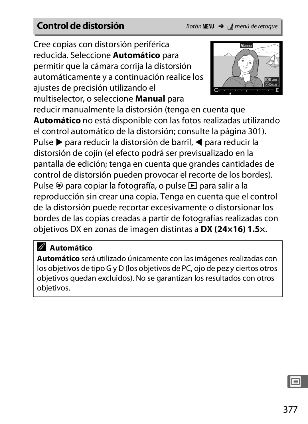 Nikon SB1L01 manual Control de distorsión, 377 