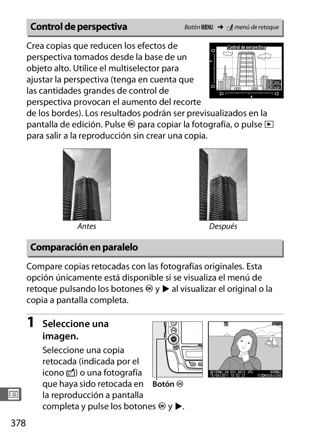 Nikon SB1L01 manual Control de perspectiva, Comparación en paralelo, Seleccione una, 378 