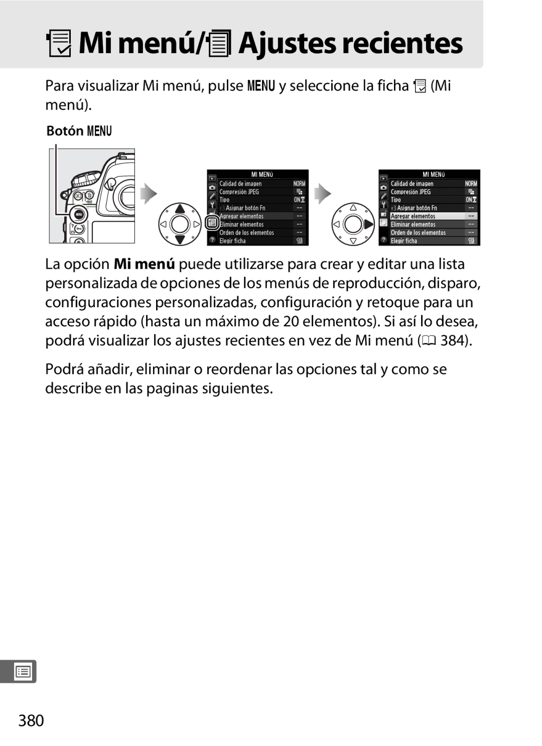 Nikon SB1L01 manual OMi menú/mAjustes recientes, 380 