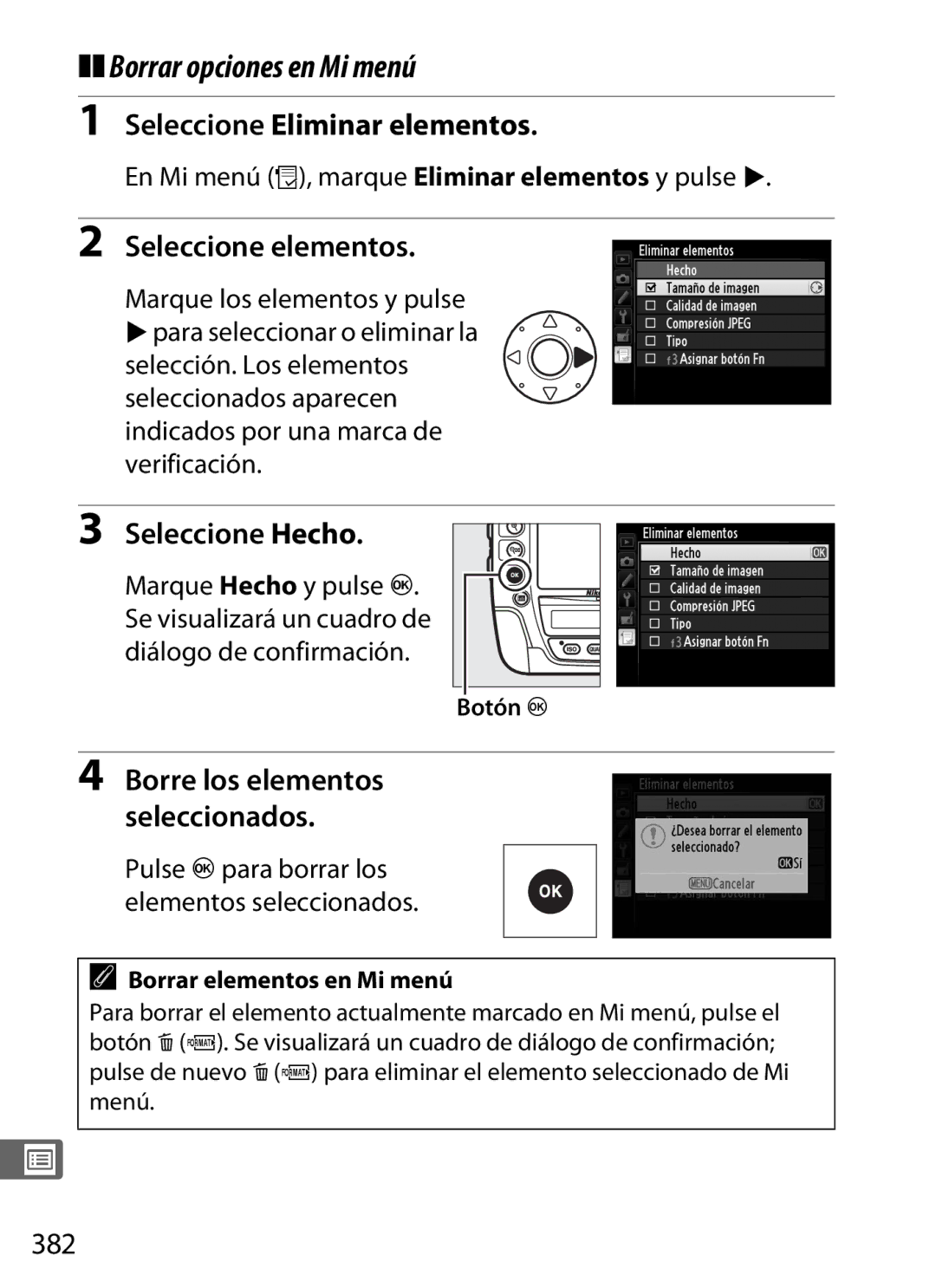 Nikon SB1L01 manual Borrar opciones en Mi menú, Seleccione Eliminar elementos, Seleccione elementos, 382 