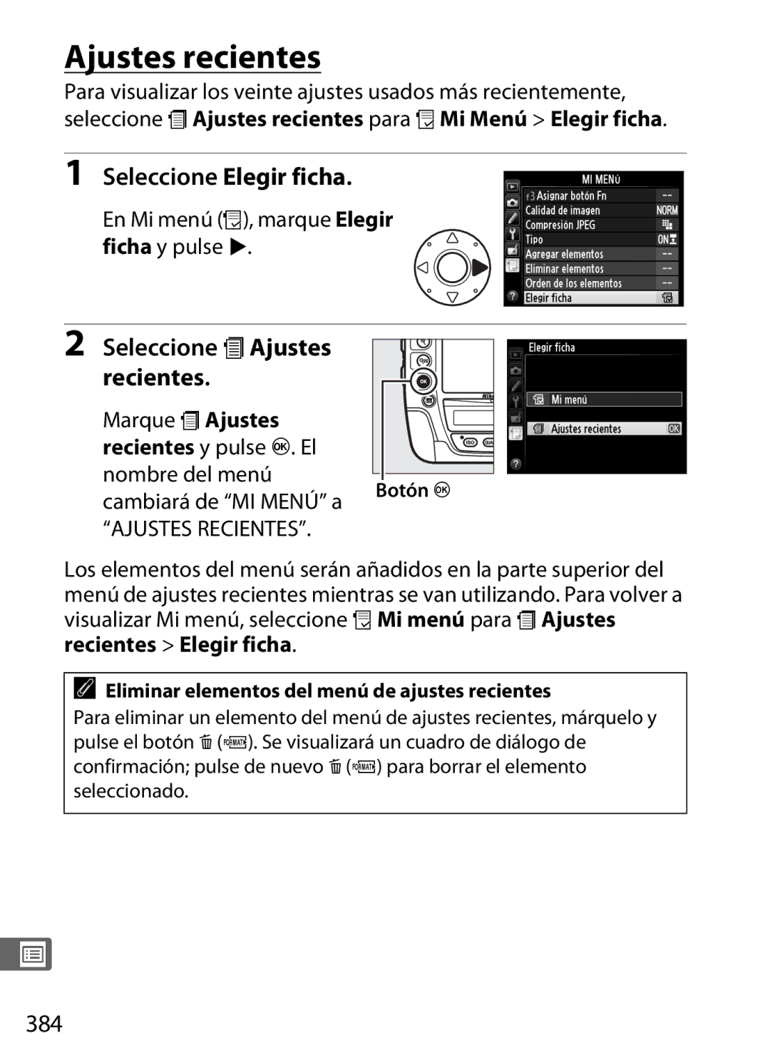 Nikon SB1L01 manual Ajustes recientes, Seleccione Elegir ficha, Seleccione m Ajustes Recientes, 384 