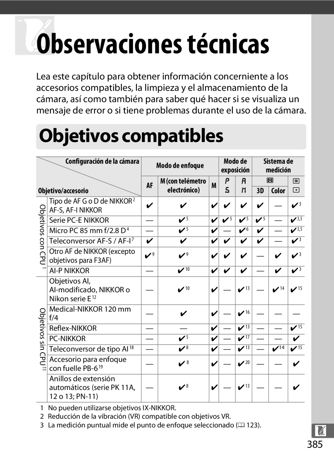 Nikon SB1L01 manual Objetivos compatibles, 385, Objetivo/accesorio 