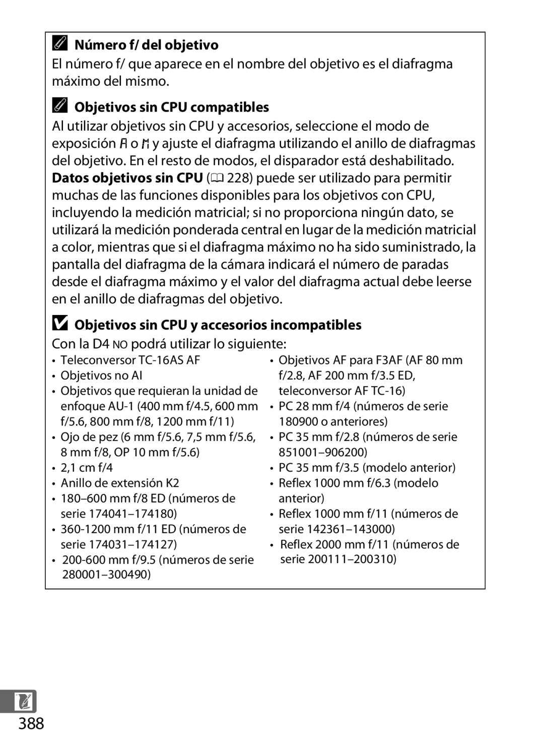 Nikon SB1L01 manual 388, Número f/ del objetivo, Objetivos sin CPU compatibles, Teleconversor TC-16AS AF Objetivos no AI 