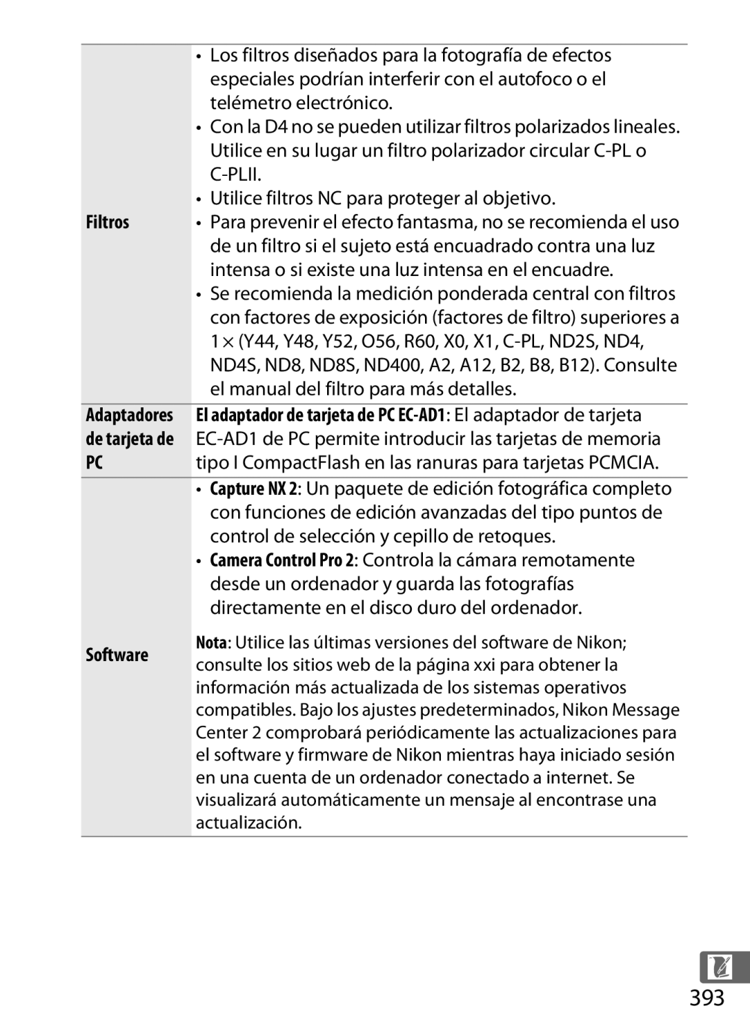 Nikon SB1L01 manual 393, Filtros, Software 