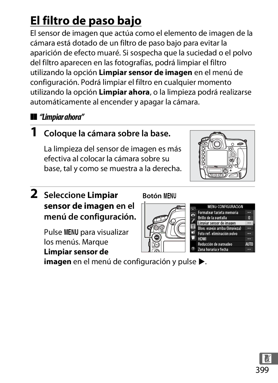 Nikon SB1L01 manual El filtro de paso bajo, Coloque la cámara sobre la base, Seleccione Limpiar, 399 