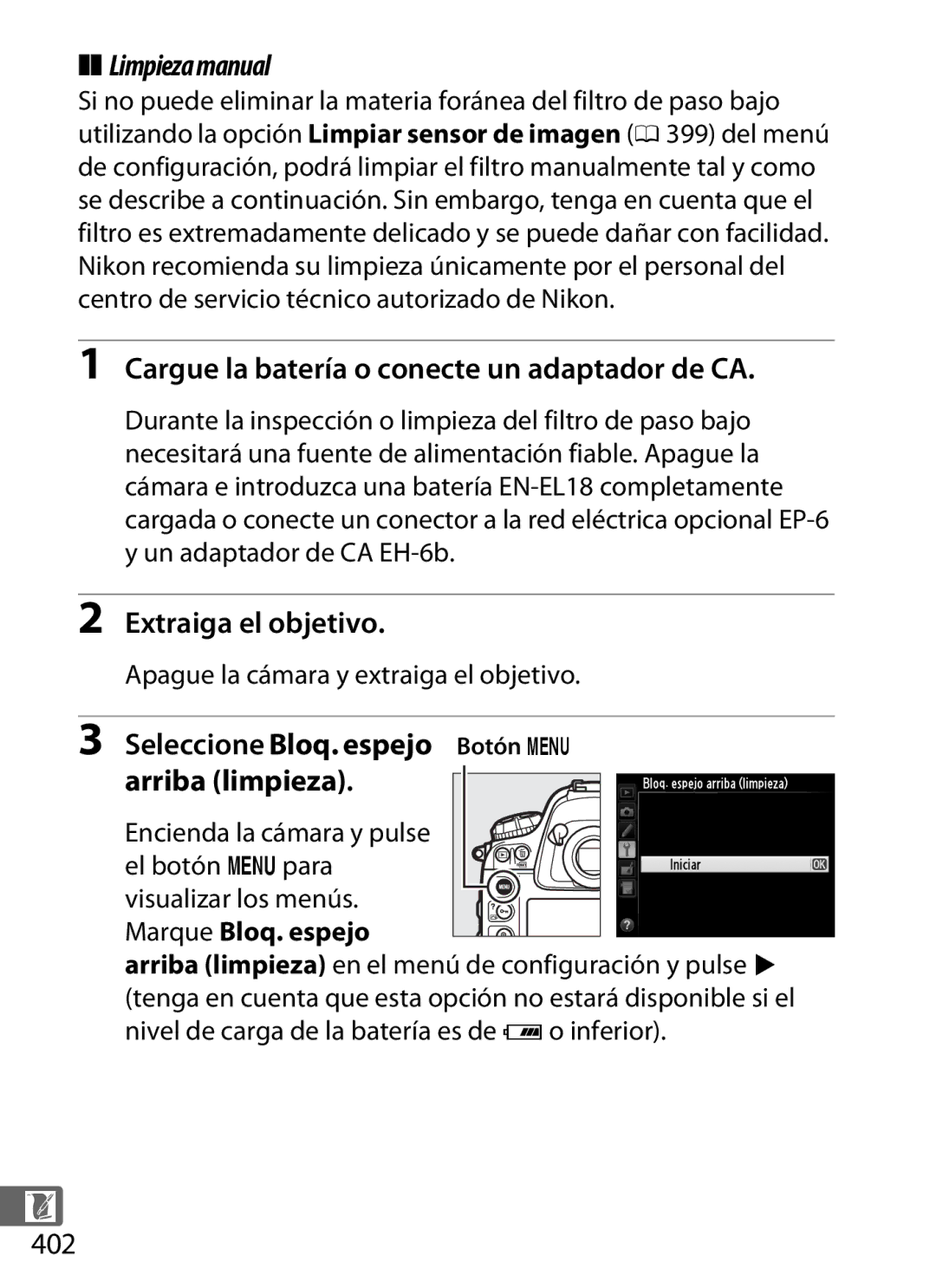 Nikon SB1L01 manual Cargue la batería o conecte un adaptador de CA, Extraiga el objetivo, 402 